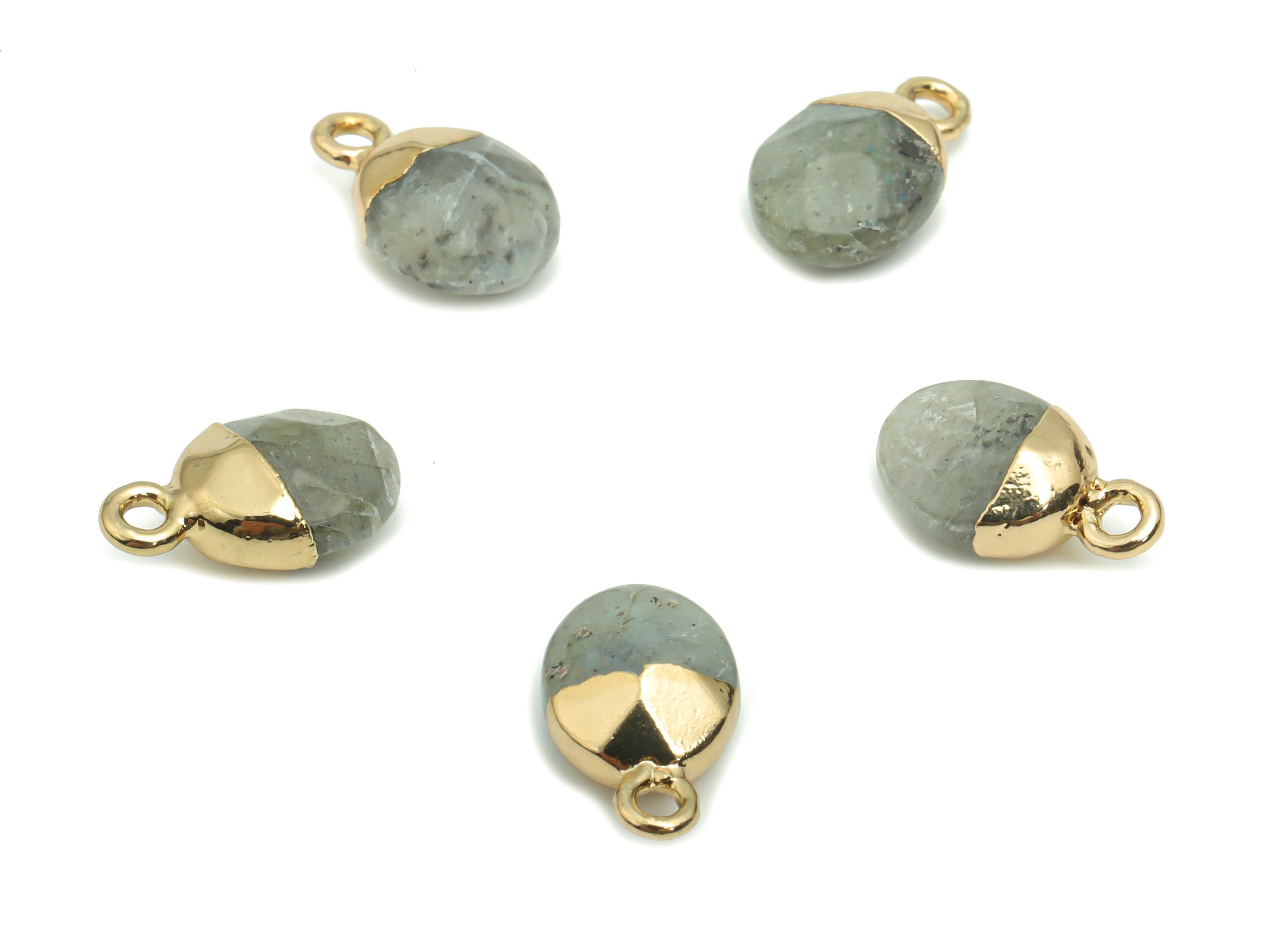 Gray Labradorite Mini Round Charms - Brass Circle Pendant - Iron Loop - Natural Stone - Gold Tone Plated Brass – 13.52x8.07x5.3mm – NS1577C - DOMEDBAZAAR