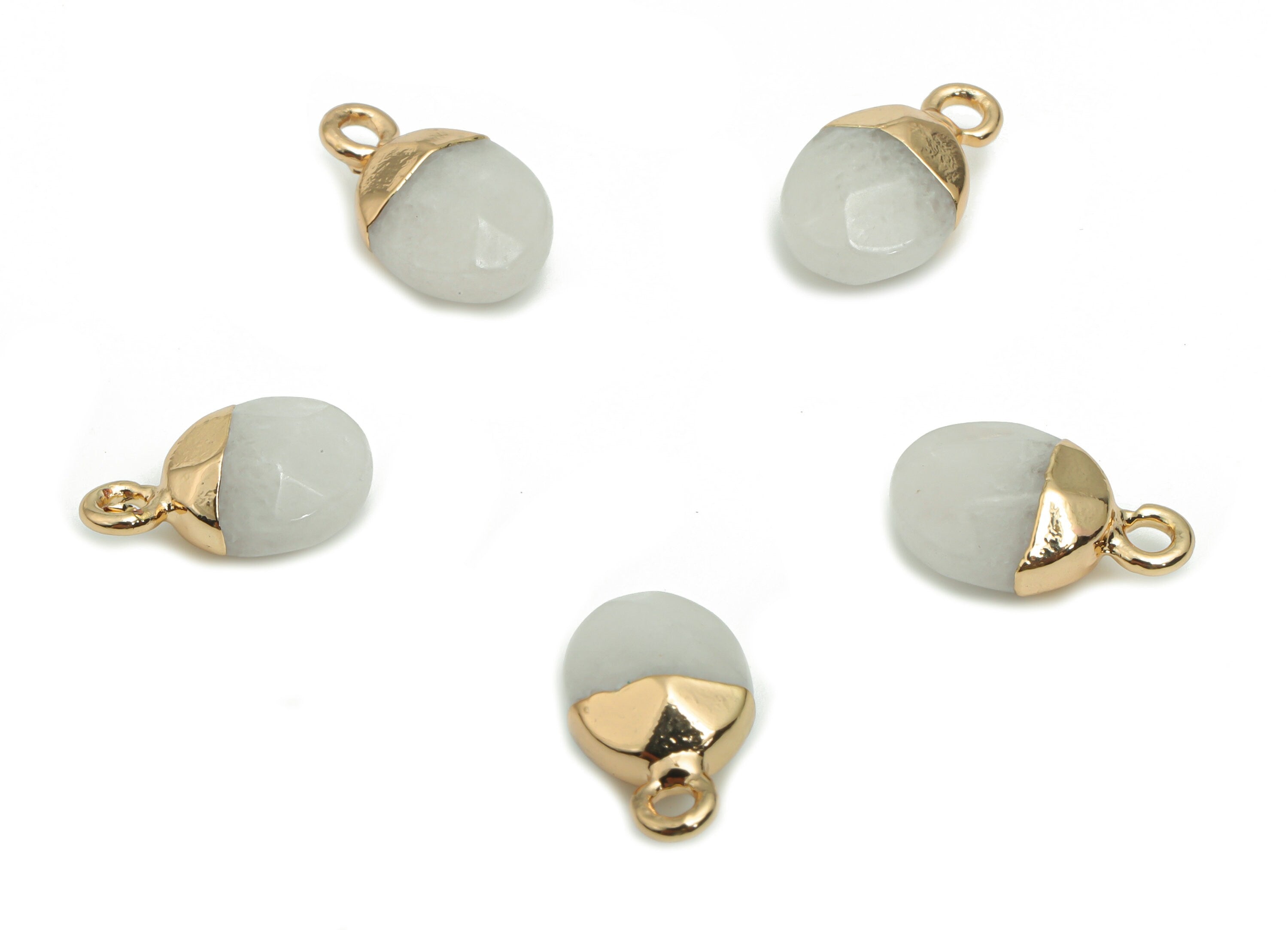 White Jade Mini Round Earring Charms - Brass Circle Pendant - Iron Loop - Natural Stone - Gold Tone Plated Brass – 13.52x8.1x5.3mm – NS1577E - DOMEDBAZAAR