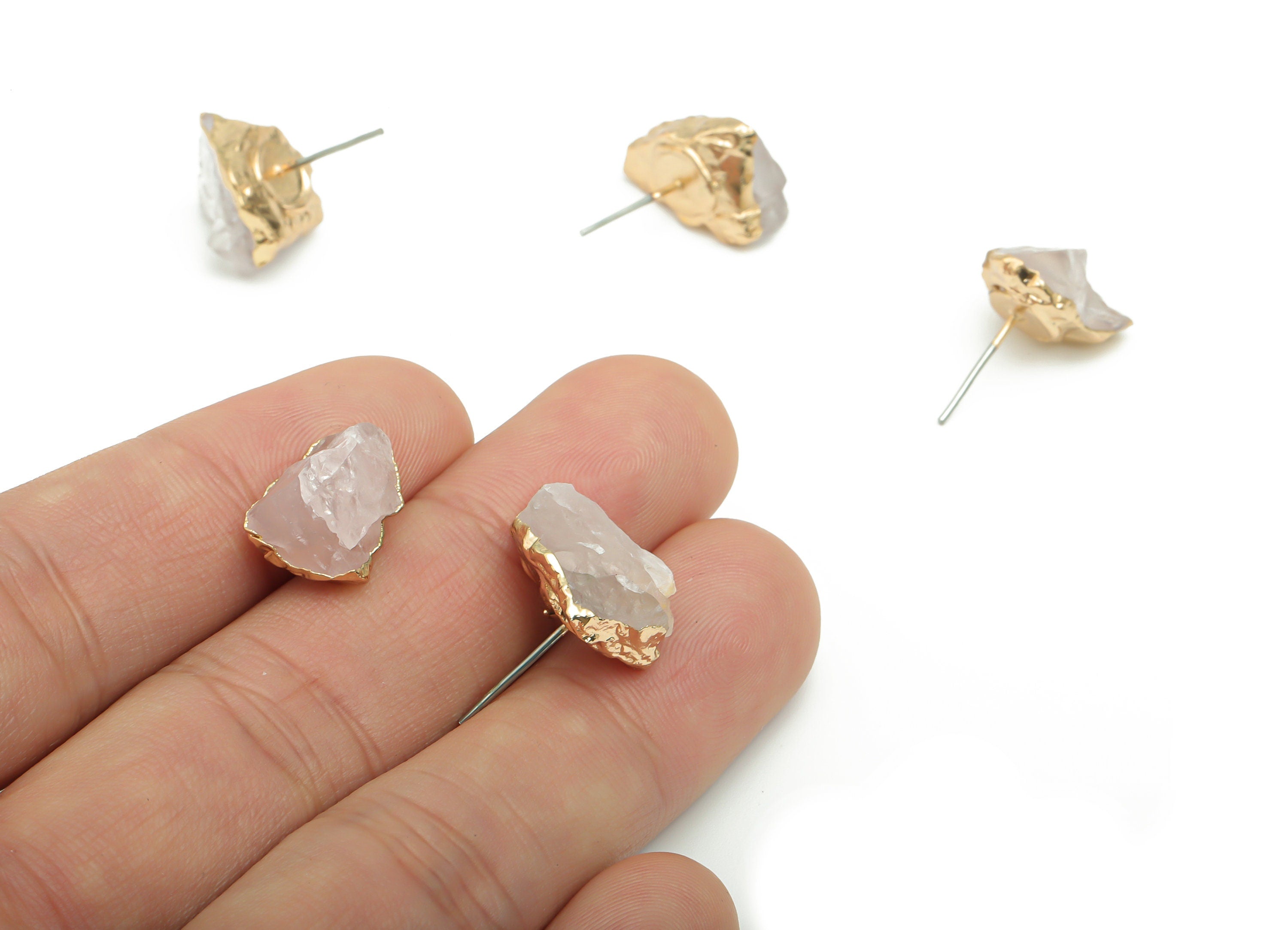 Rose Crystal Quartz Stud - Brass Stone Earring Post - Natural Stone - Gold Tone Plated Brass – Stainless Steel Stud - 14.18x9.8x8mm – NS1592 - DOMEDBAZAAR