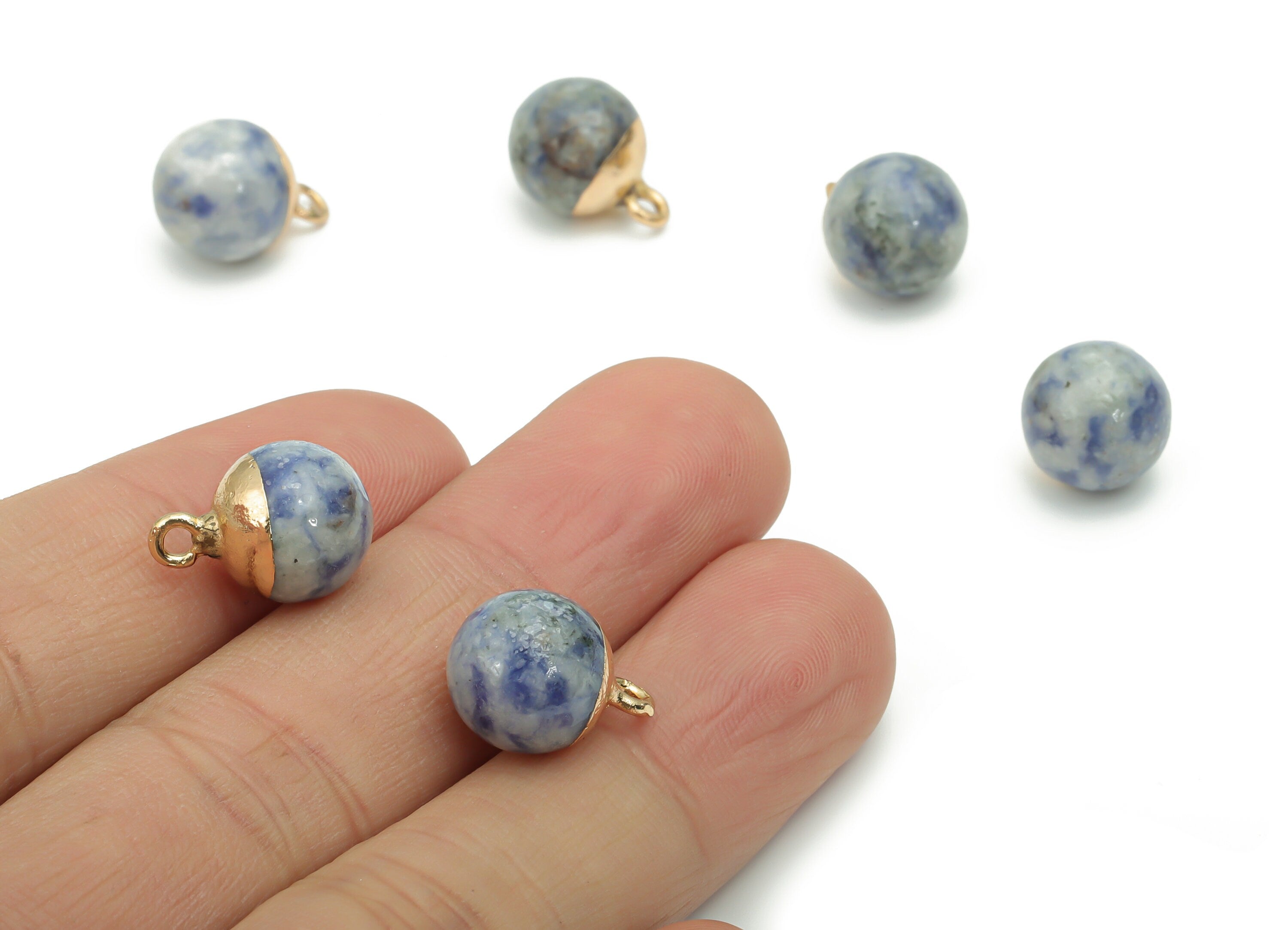 Blue Spot Jasper Ball Beads Charms - Brass Ball Beads Pendant - Iron Loop - Natural Stone - Gold Tone Plated Brass – 14.58x11x11mm – NS1578A - DOMEDBAZAAR