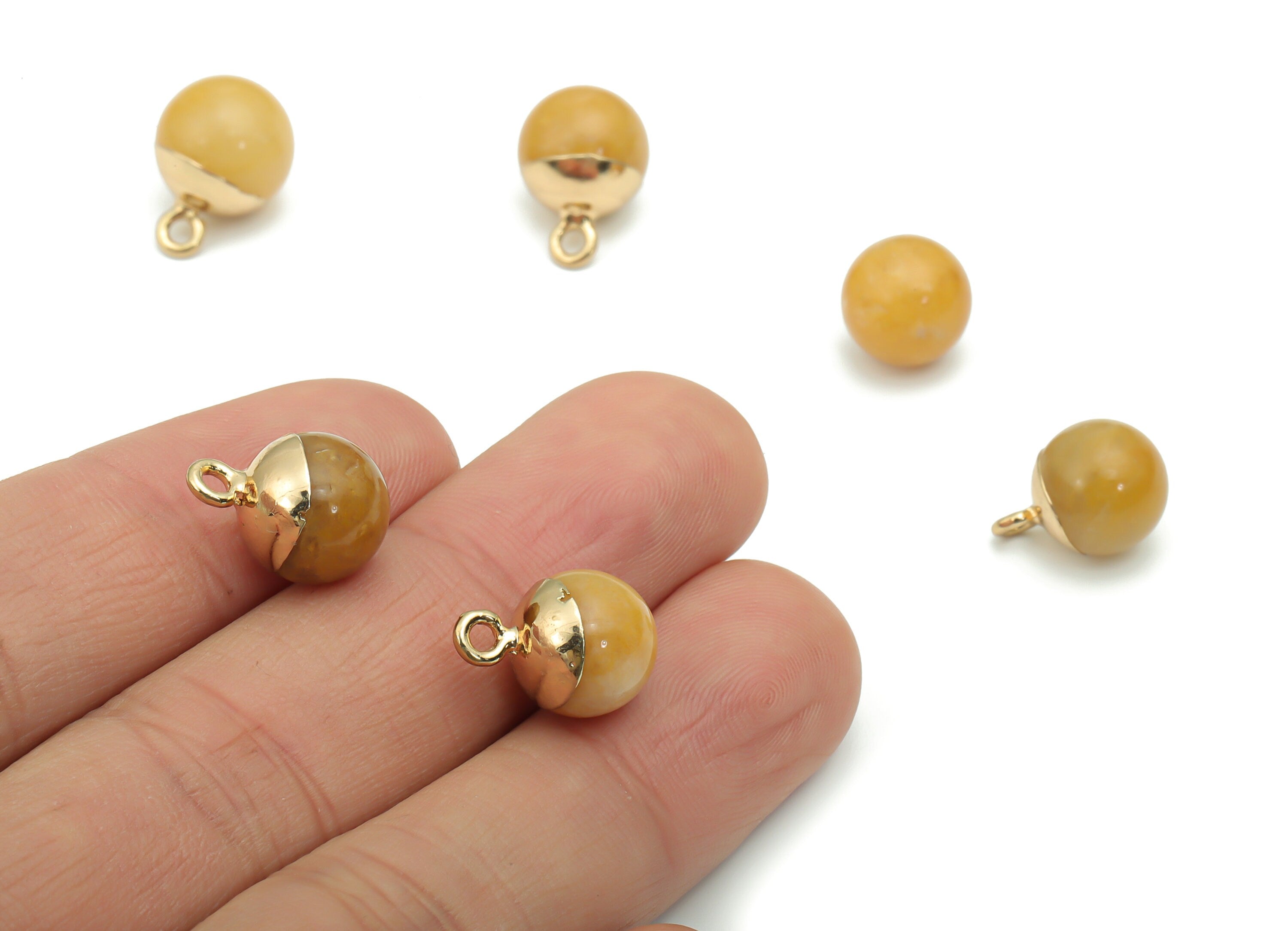 Yellow Dyed Adventurine Ball Beads Charms - Brass Beads Pendant - Iron Loop - Natural Stone - Gold Tone Plated – 14.58x10.8x10.8mm – NS1578F - DOMEDBAZAAR