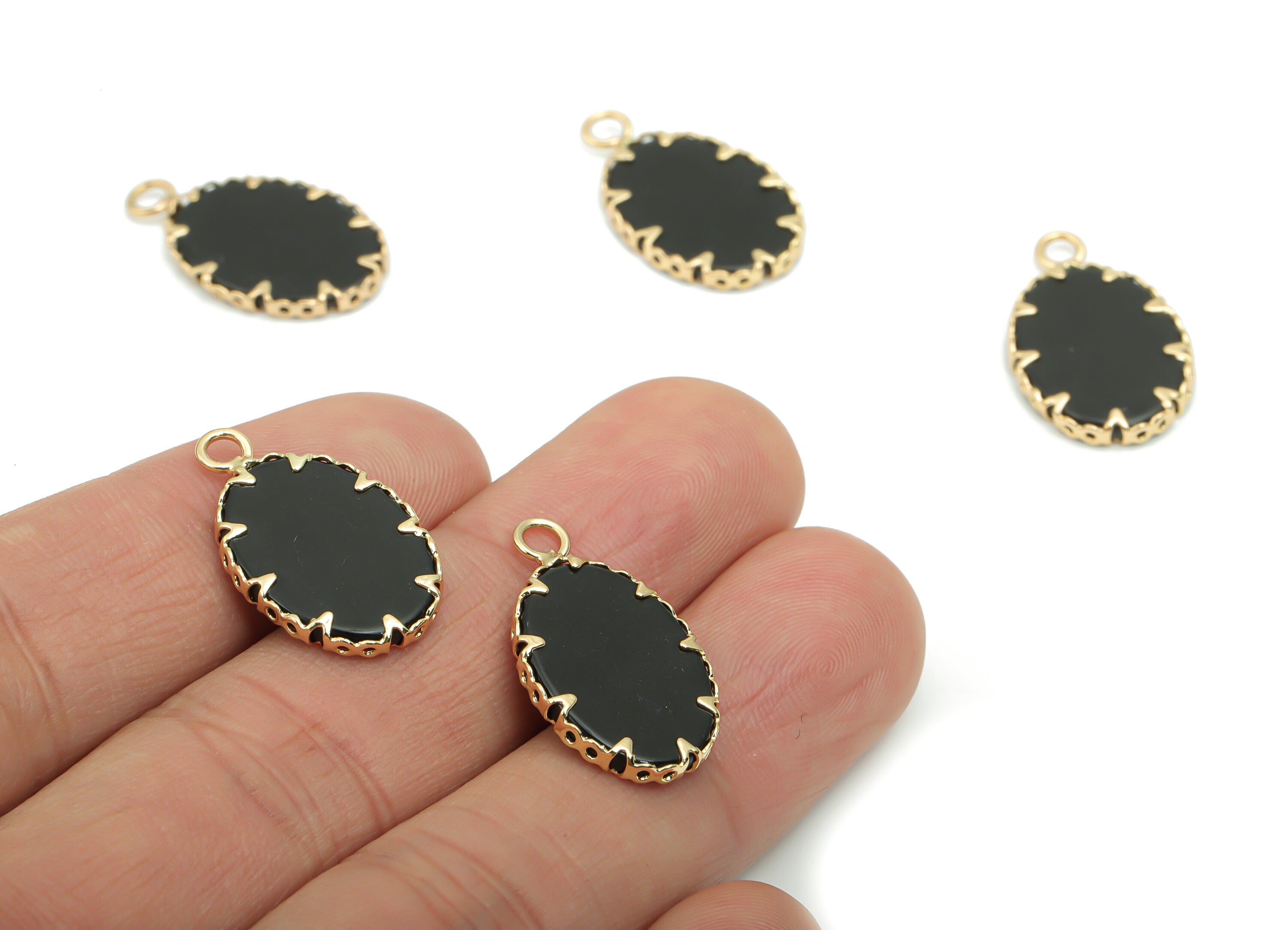 Black Onyx Oval Earring Charms - Brass Frame Pendant - Iron Loop - Natural Stone - Gold Tone Plated Brass – 23.07x13.71x2.18mm – NS1572H - DOMEDBAZAAR