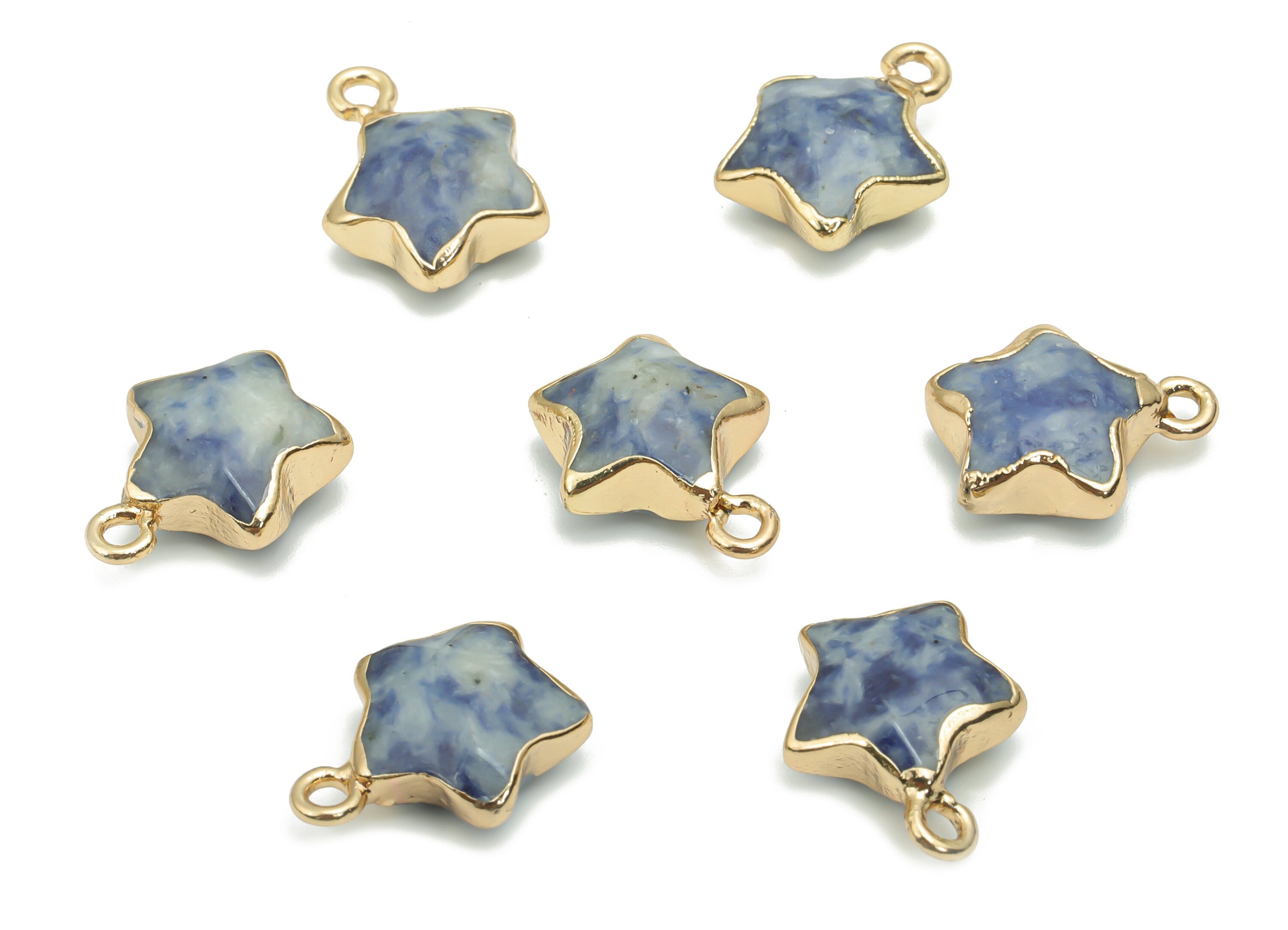 Blue Spot Jasper Star Earring Charms - Brass Star Pendant - Iron Loop - Natural Stone - Gold Tone Plated Brass – 15.94x12.86x6.5mm – NS1579E - DOMEDBAZAAR
