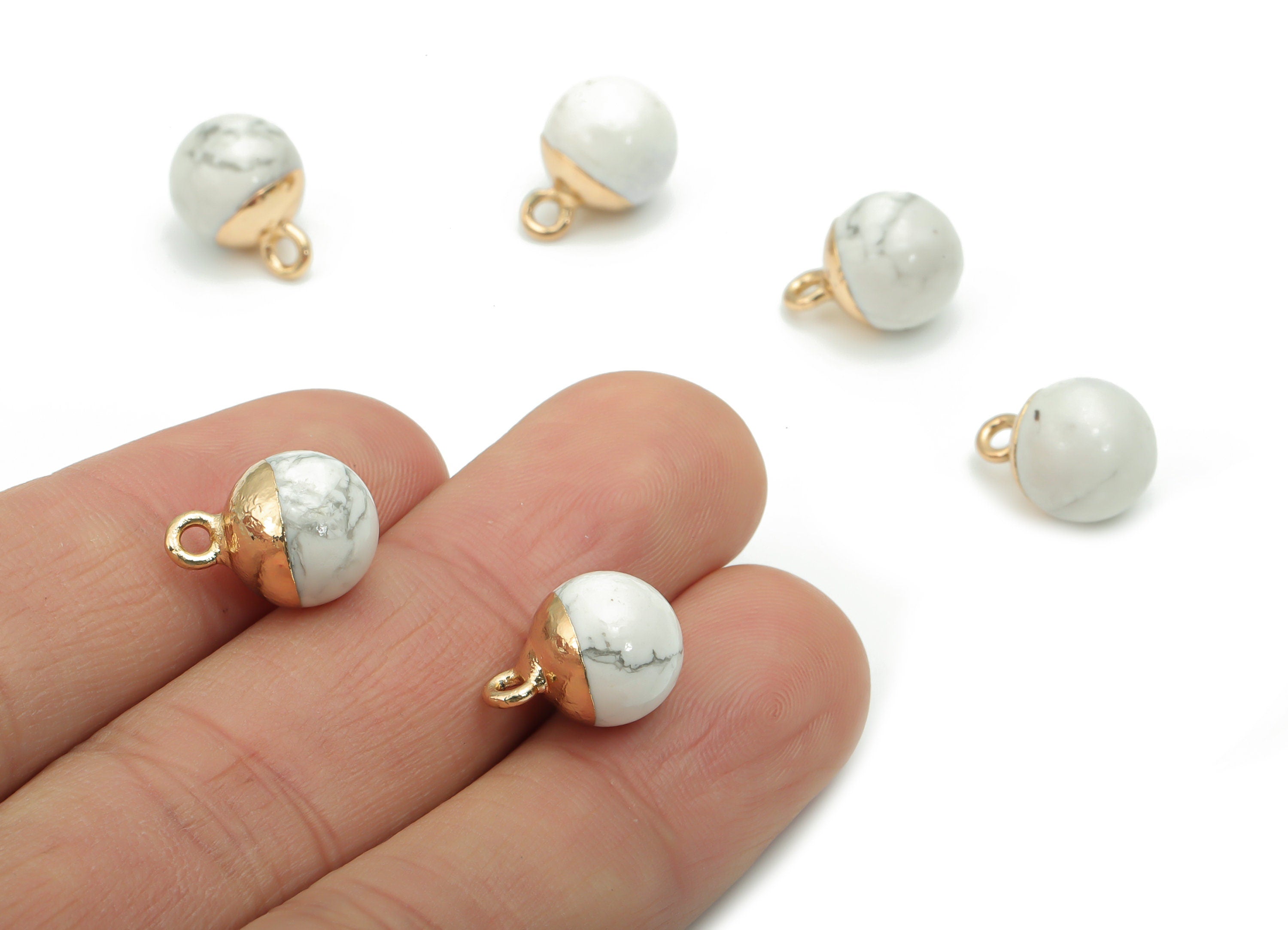 Howlite Ball Beads Charms - Brass Beads Pendant - Iron Loop - Natural Stone - Gold Tone Plated Brass – 14.58x10.8x10.8mm – NS1578H - DOMEDBAZAAR