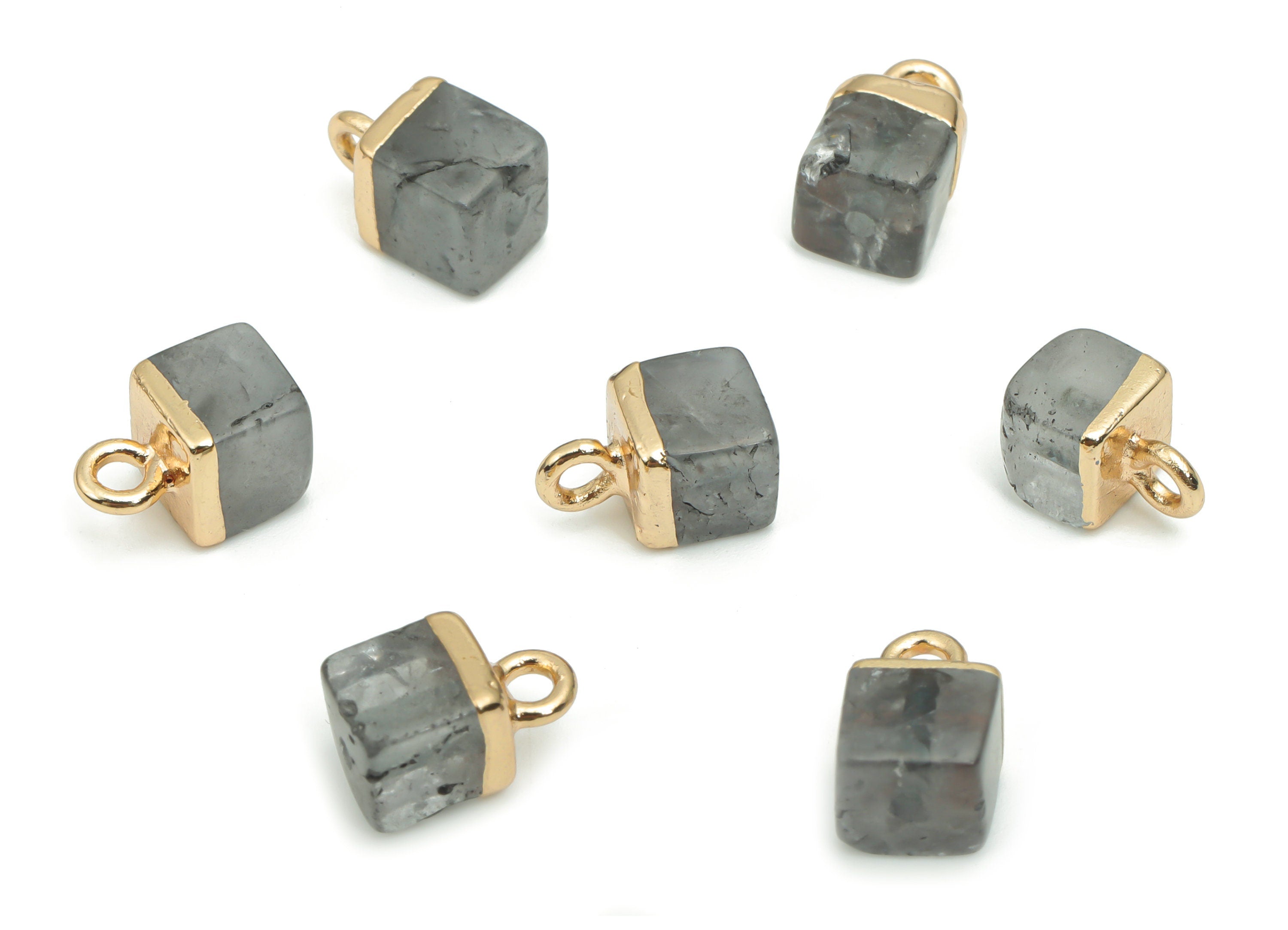 Labradorite Square Earring Charms - Brass Square Pendant - Iron Loop - Natural Stone - Gold Tone Plated Brass – 10.38x6.19x6.19mm – NS1564A - DOMEDBAZAAR