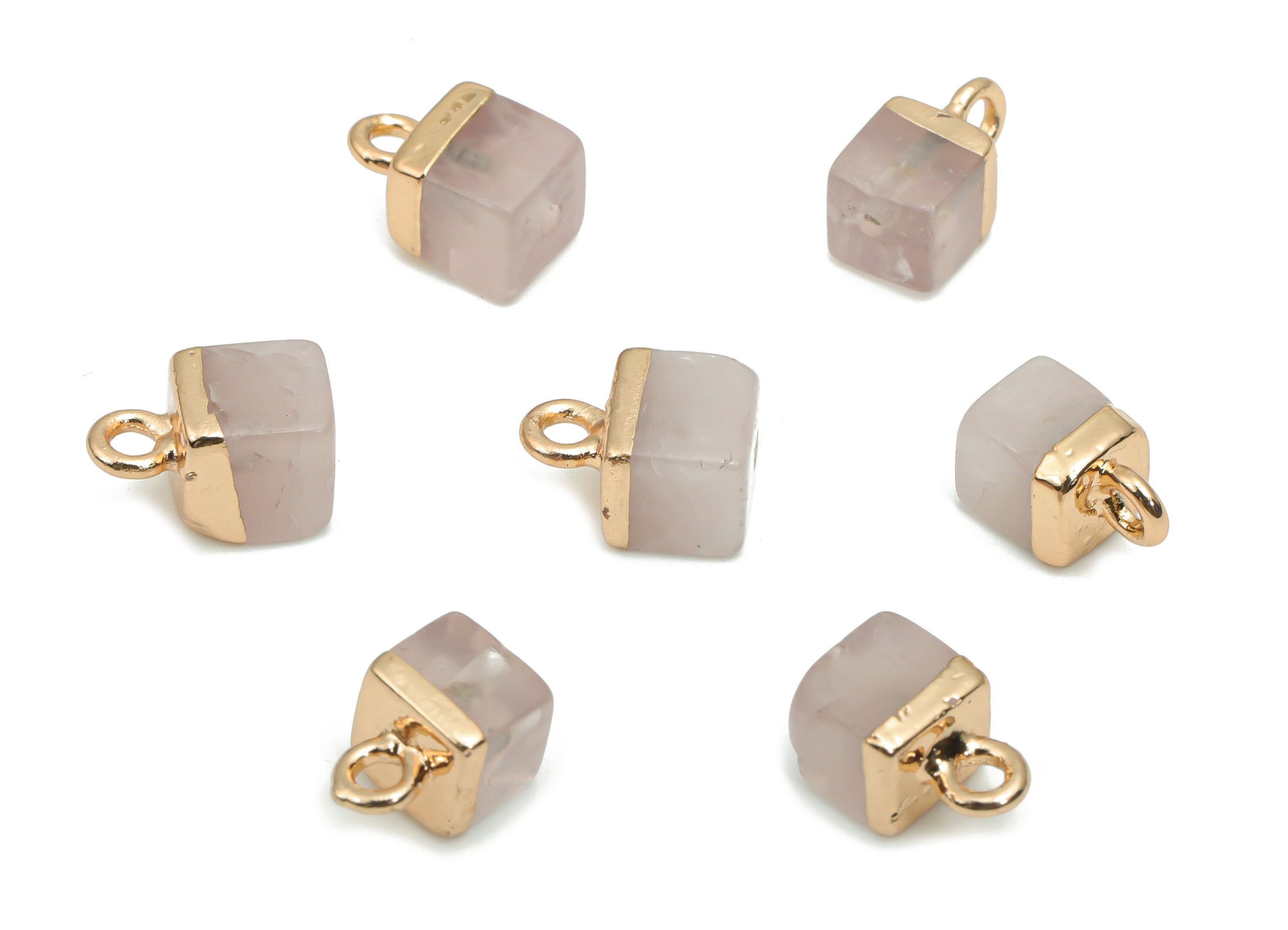 Rose Crystal Quartz Earring Charms - Brass Square Pendant - Iron Loop - Natural Stone - Gold Tone Plated Brass – 10.31x6.8x6.8mm – NS1564B - DOMEDBAZAAR