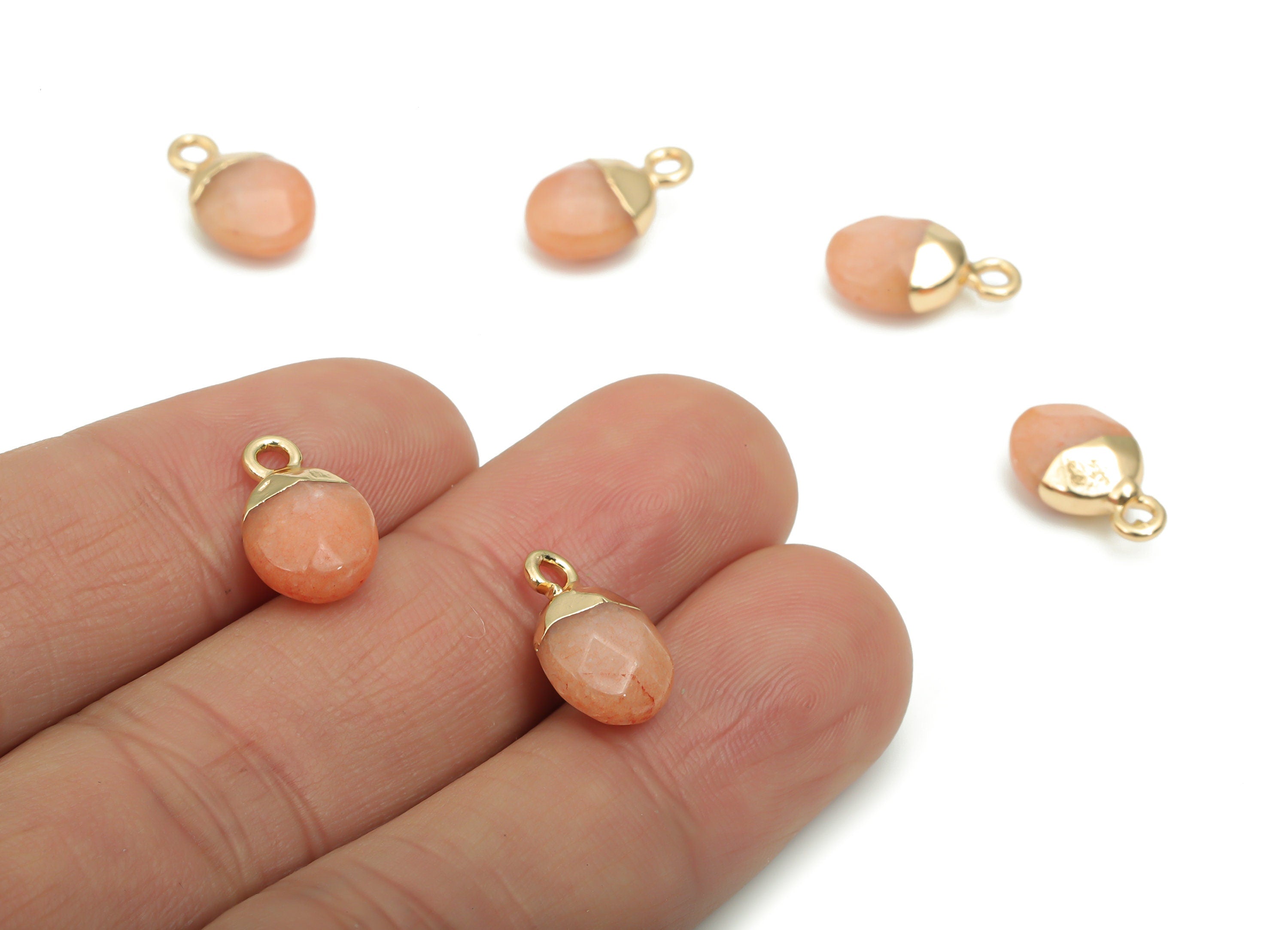 Orange Jade Mini Round Earring Charms - Brass Circle Pendant - Iron Loop - Faceted Stone - Gold Tone Plated Brass – 13.52x8.1x5.3mm– NS1577K - DOMEDBAZAAR
