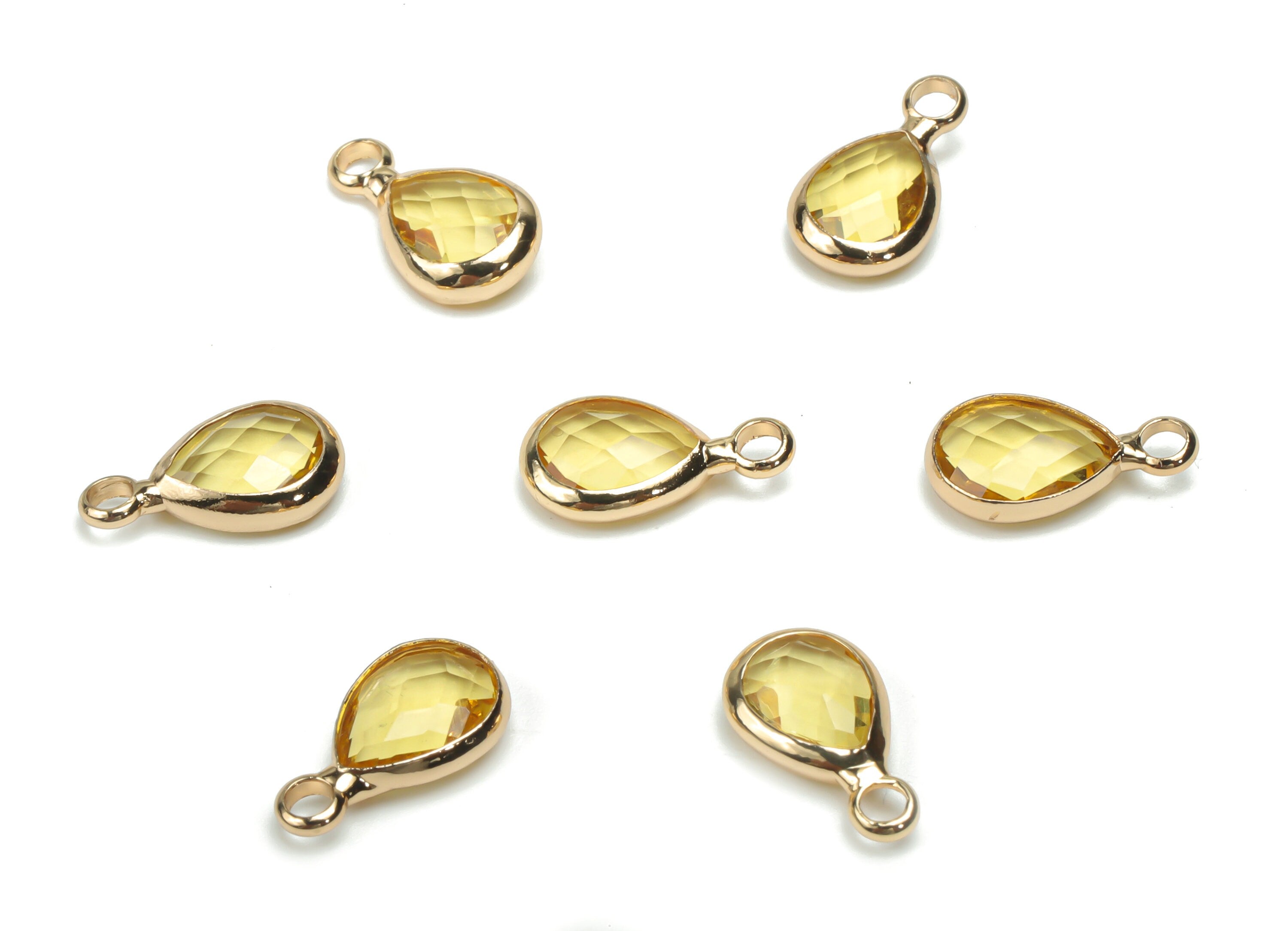 Glass Mini Drop Earring Charms - Brass Teardrop Frame Pendant - Gold Tone Plated Brass - Faceted Glass - 11.42x6.55x3.01mm - GS1068A - DOMEDBAZAAR