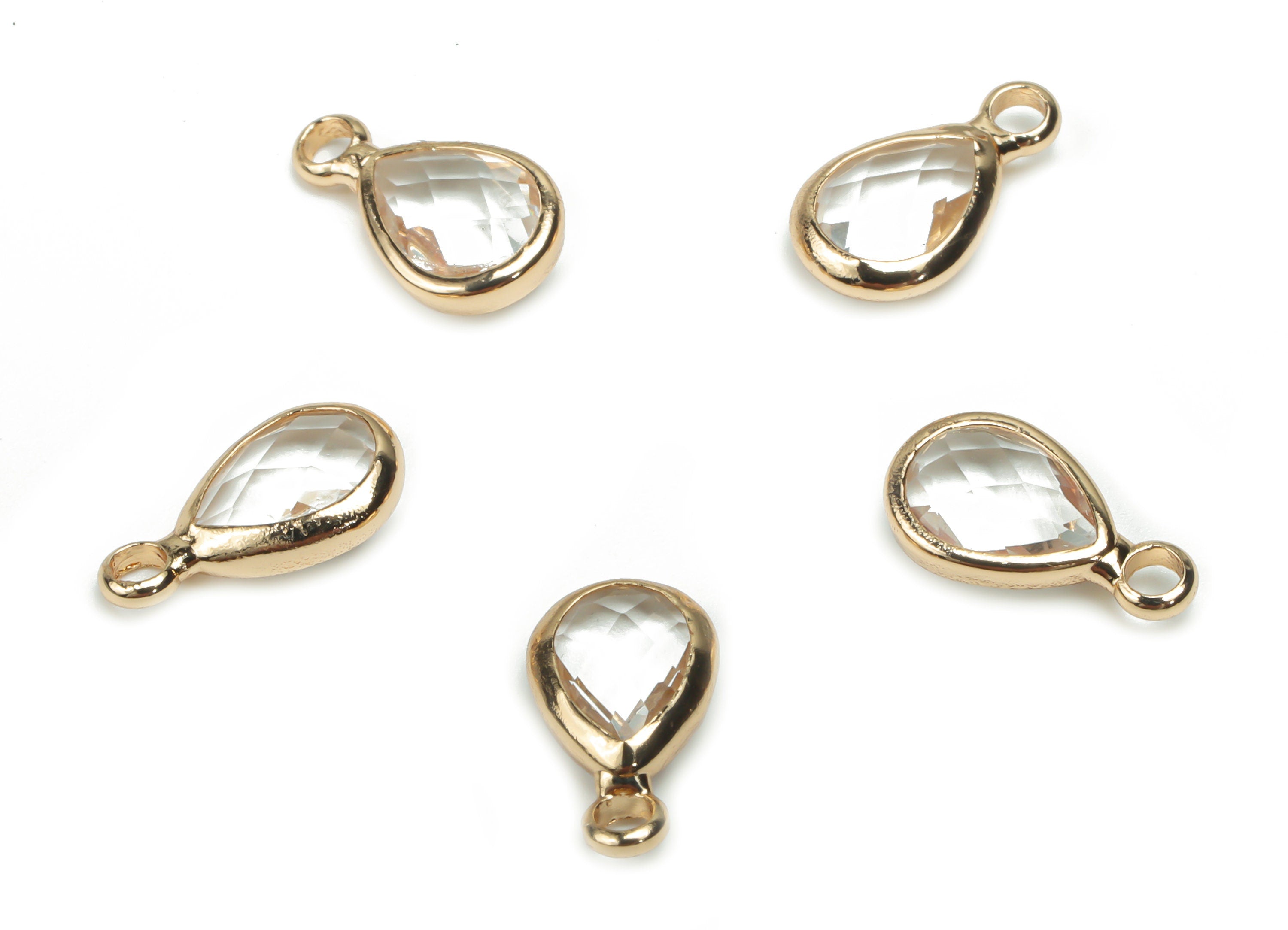 Glass Mini Drop Earring Charms - Brass Teardrop Frame Pendant - Gold Tone Plated Brass - Faceted Glass - 11.72x6.67x3.18mm - GS1068C - DOMEDBAZAAR