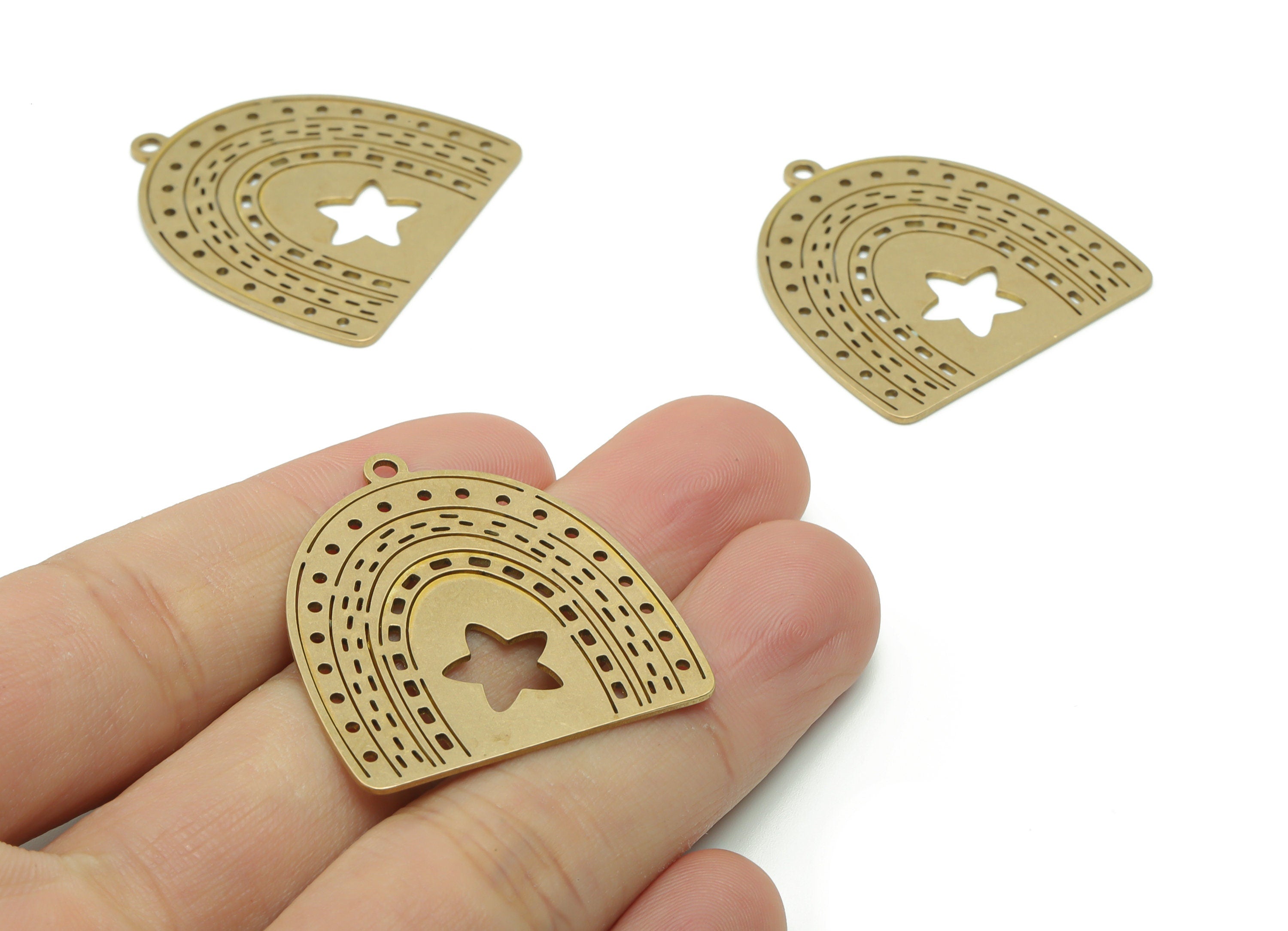 Brass Rainbow Domed Earring Charms - Raw Brass Rainbow Star Pendant - Jewelry Making Supplies - 34.76x32.87x0.75mm - PPZ0119 - DOMEDBAZAAR