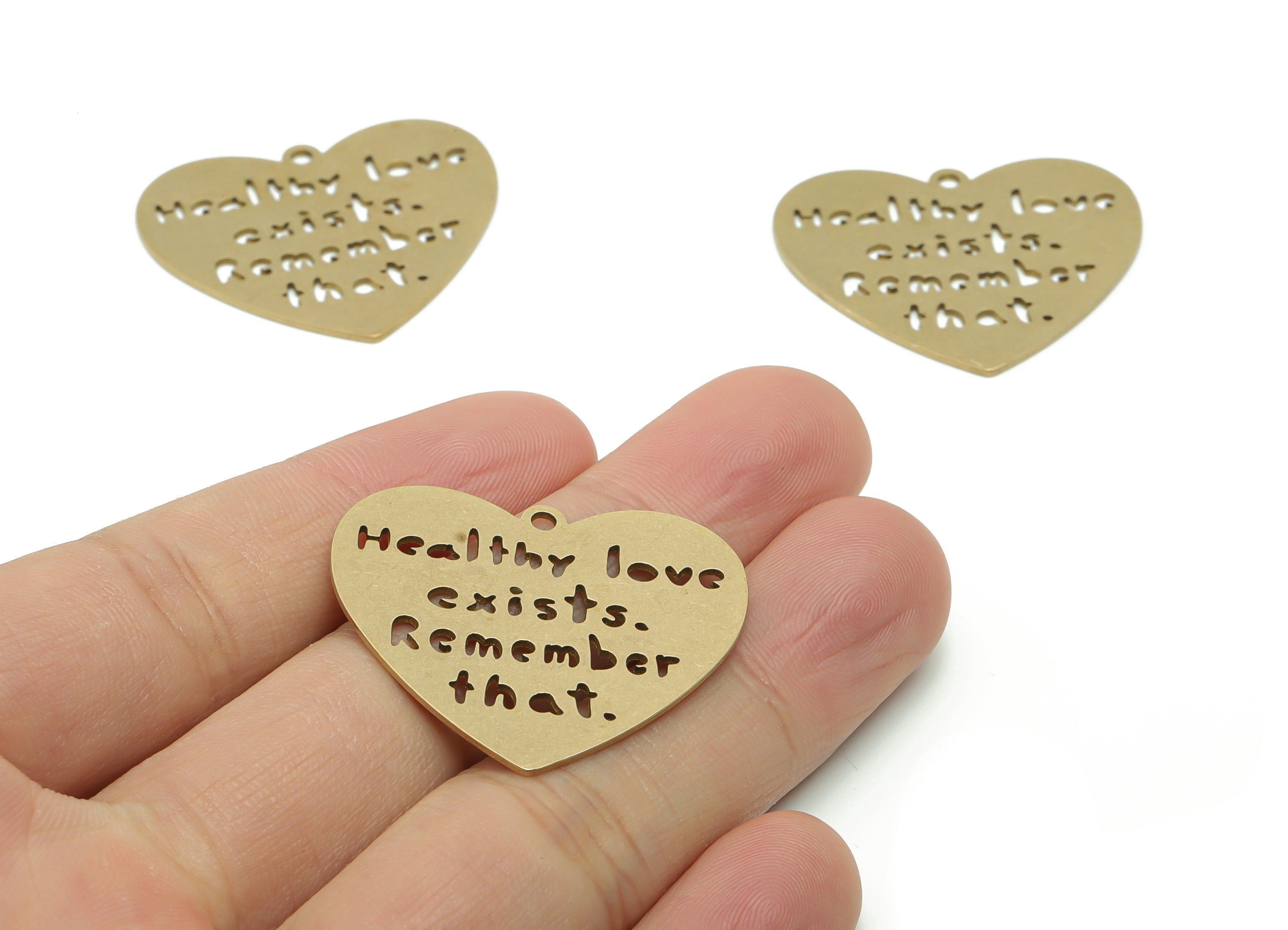 Brass Healthy Love Exists. Remember That. Earring Charms - Raw Brass Heart Pendant - Jewelry Making Supplies - 34.87x30.62x0.77mm - PPZ0113 - DOMEDBAZAAR