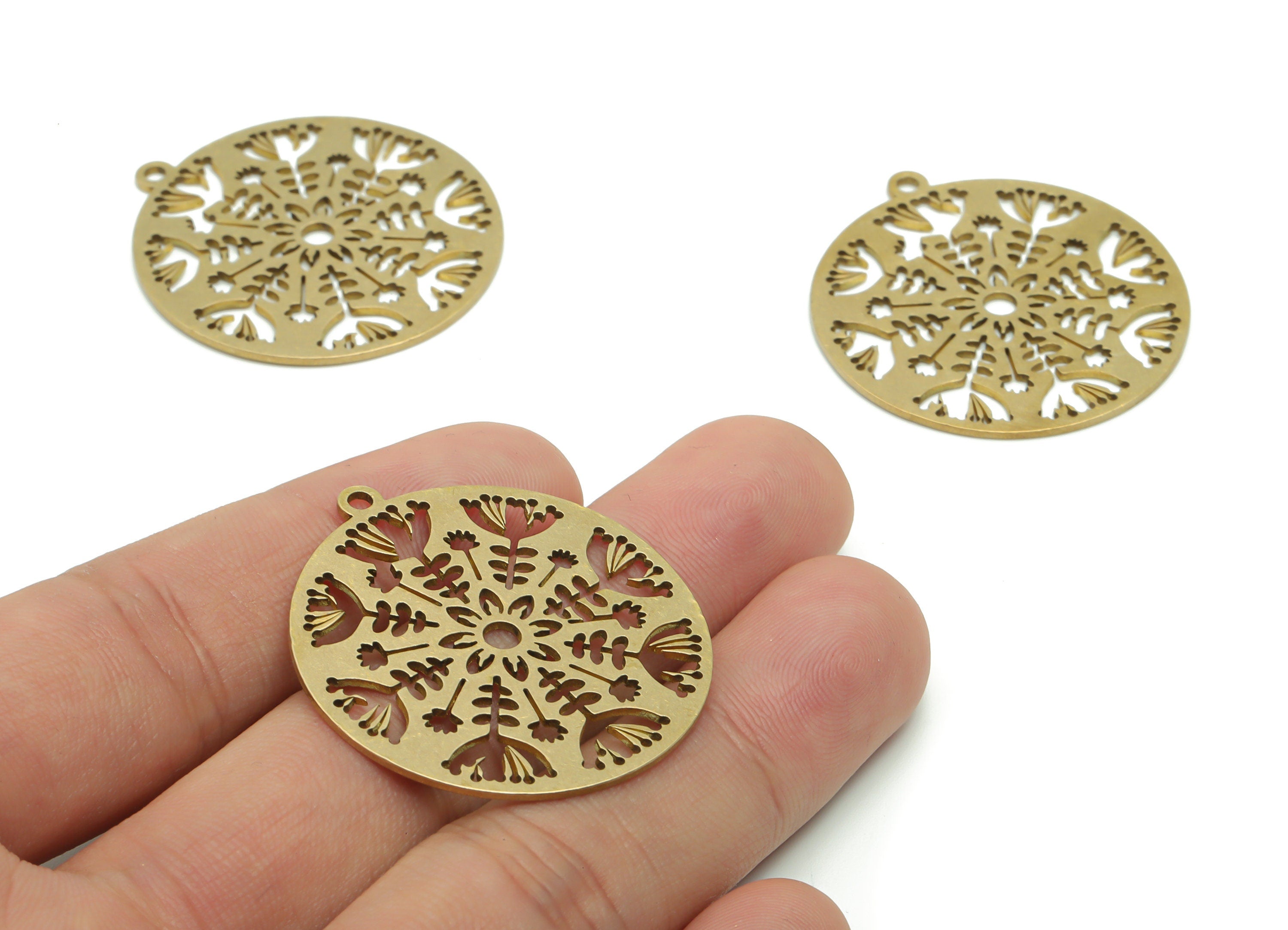Brass Round Sun Earring Charms - Raw Brass Circle Flowers Pendant - Jewelry Making Supplies - 37.64x34.88x0.86mm - PPA0402 - DOMEDBAZAAR
