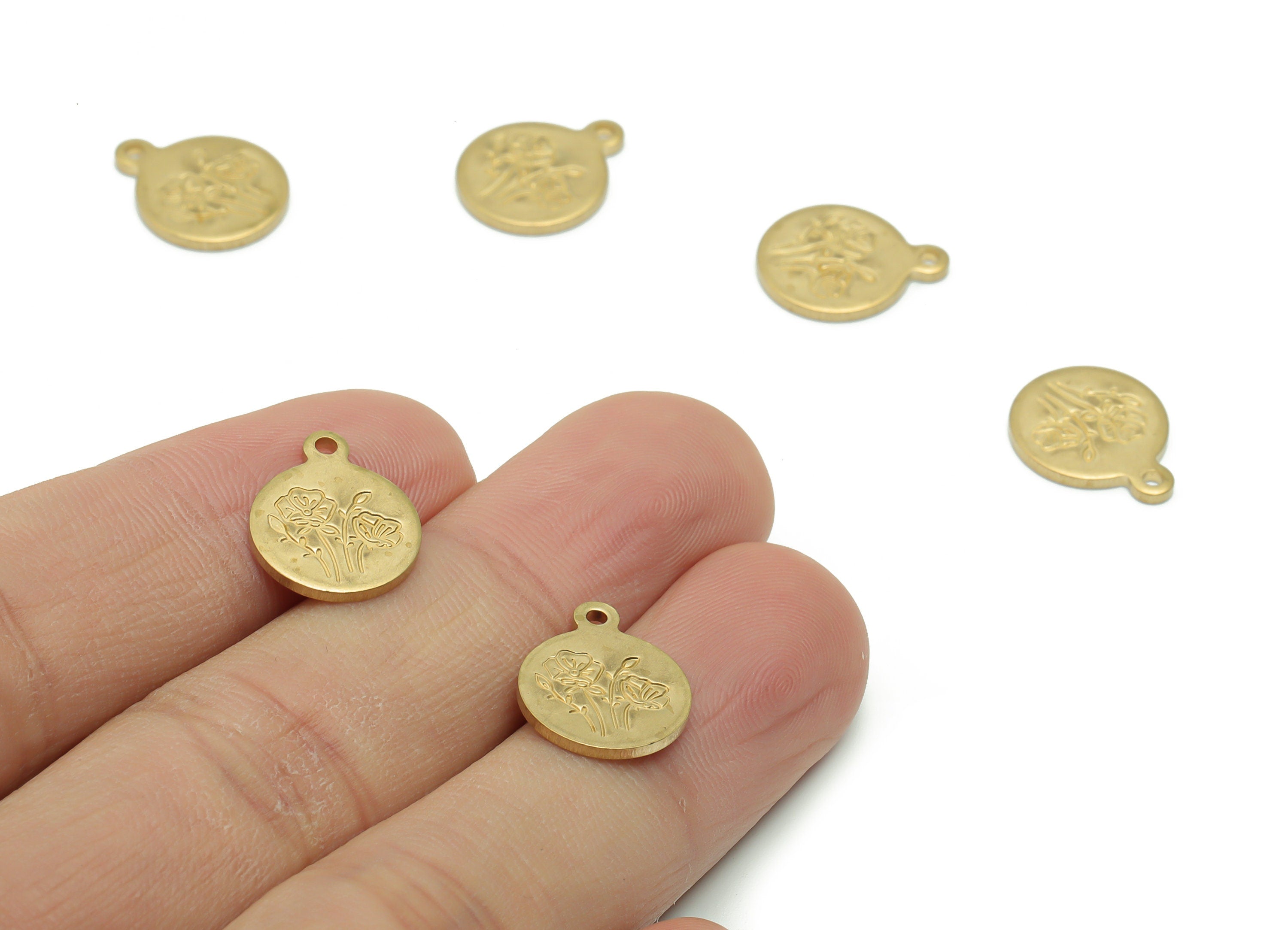 Brass Mini Round Flower Earring Charms - Raw Brass Flower Engraved Pendant - DIY Jewelry Making Supplies - 14.9x11.97x1.24mm - PP4968 - DOMEDBAZAAR