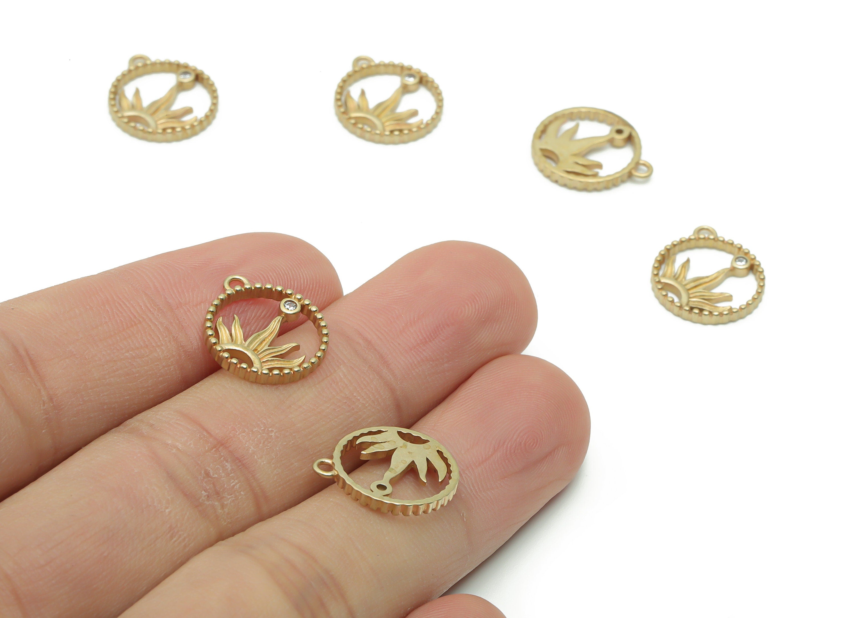 Brass Round Half Sun Earring Charms With Zircons - Raw Brass Compass Half Sun Pendant - Jewelry Making Supplies - 15.65x13.4x1.72mm - PP4954 - DOMEDBAZAAR