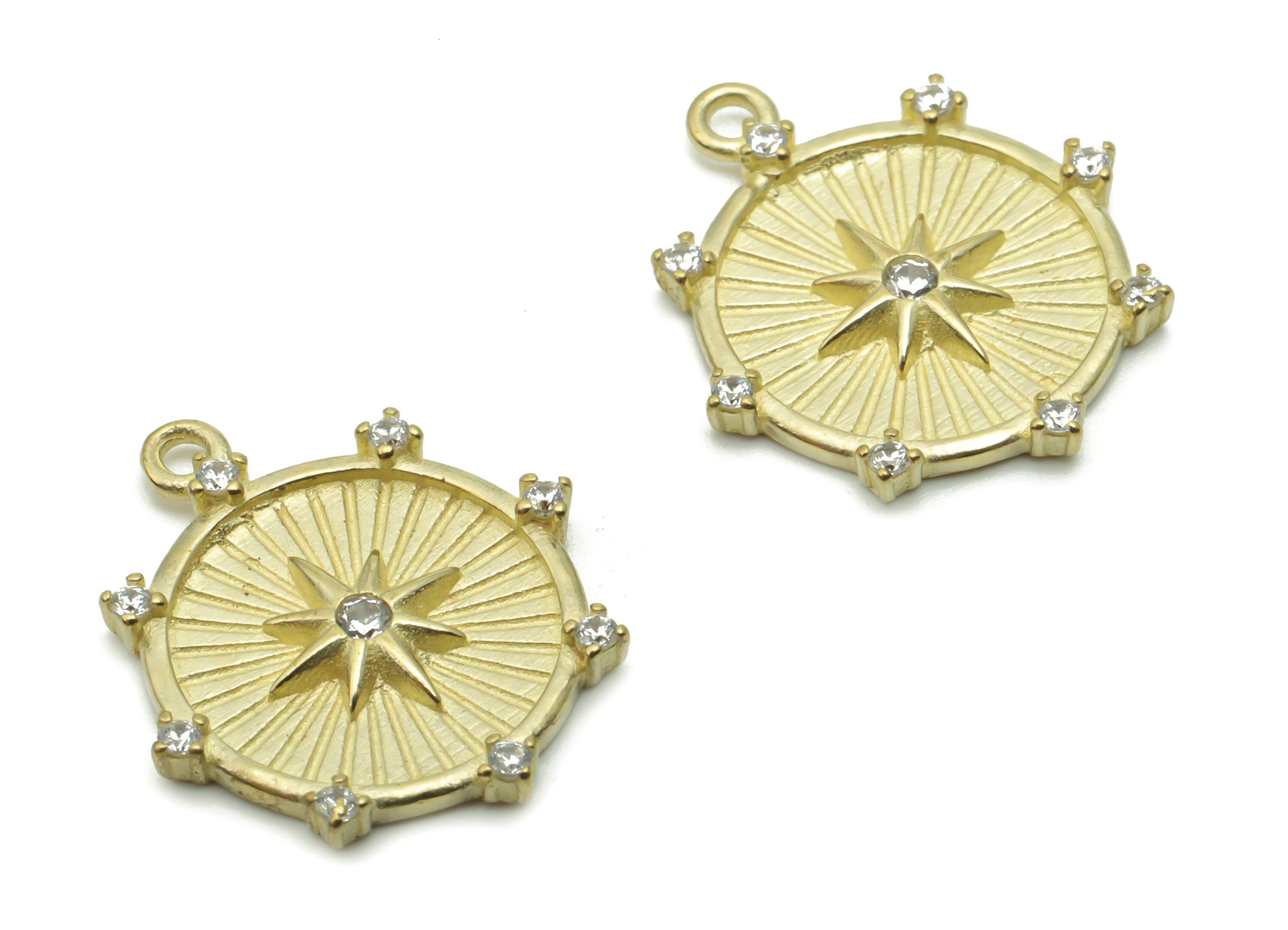 Brass Round Star Earring Charms With Zircons - Raw Brass Circle Star Pendant - Jewelry Making Supplies - 17.94x15.77x1.85mm - PP4950 - DOMEDBAZAAR
