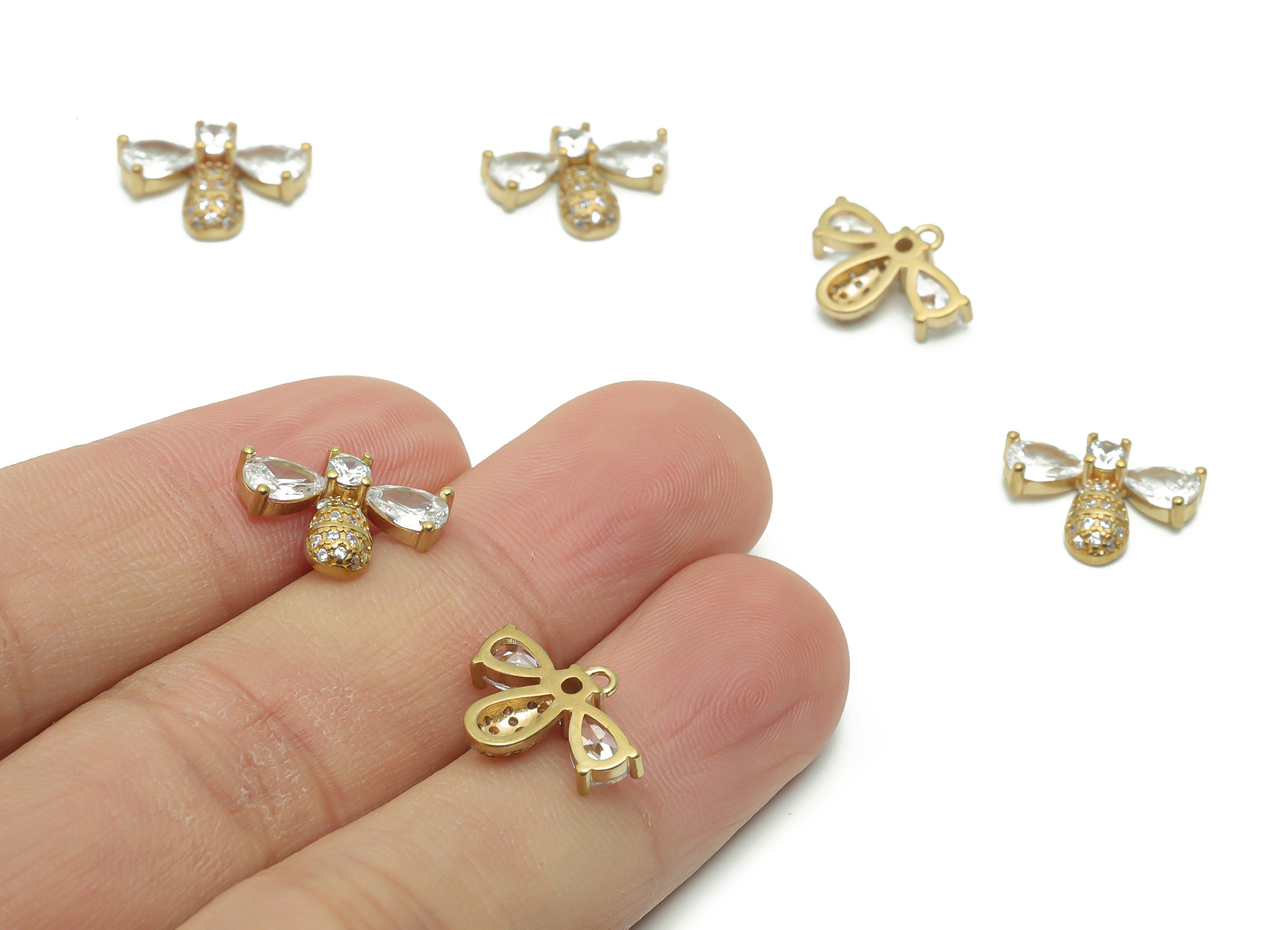 Brass Bee Earring Charms With Zircons - Raw Brass Bee Pendant - Jewelry Making Supplies - 14.96x11.68x3.52mm - PP4957 - DOMEDBAZAAR