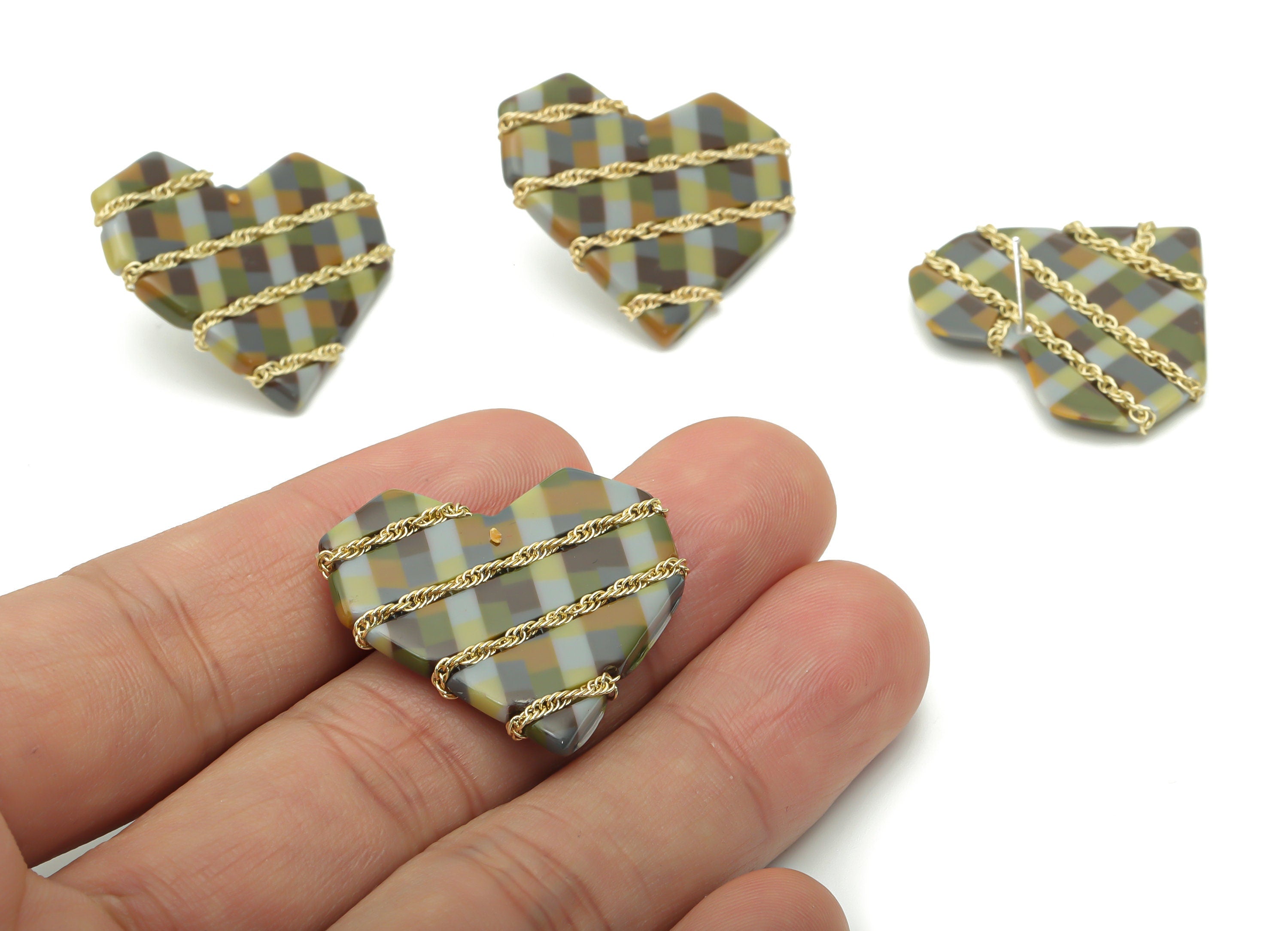Acetate Heart Earring Stud - Brass Heart Post – Imitation Silver Stud – Twisted Curb Chain - Gold Tone Plated – 29.98x26.72x2.54mm - AC2384B - DOMEDBAZAAR