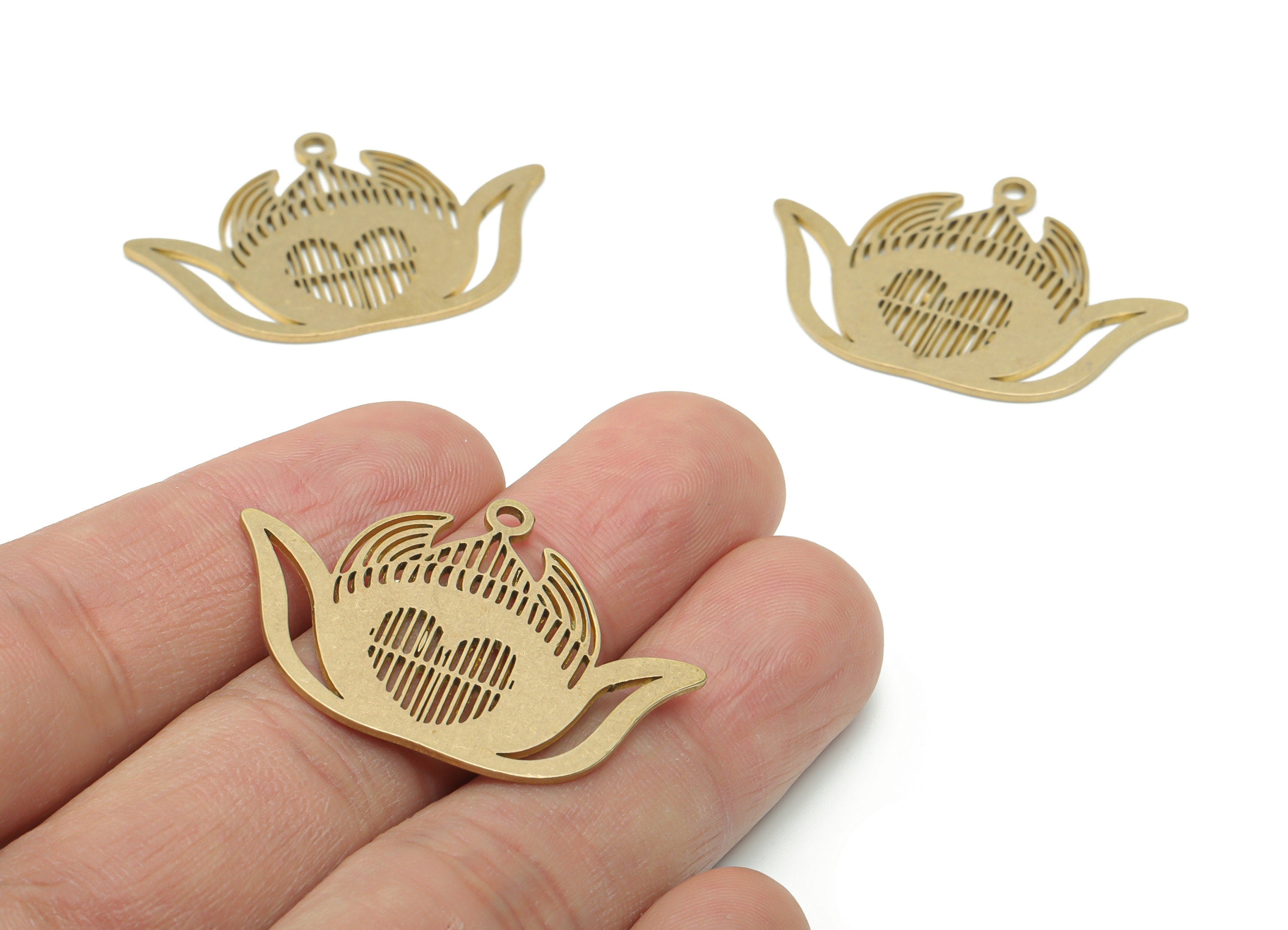 Brass Petal Lotus Earring Charms - Raw Brass Hollow Heart Pendant - Jewelry Making Supplies - 37.74x26.44x0.85mm - PPA1557 - DOMEDBAZAAR