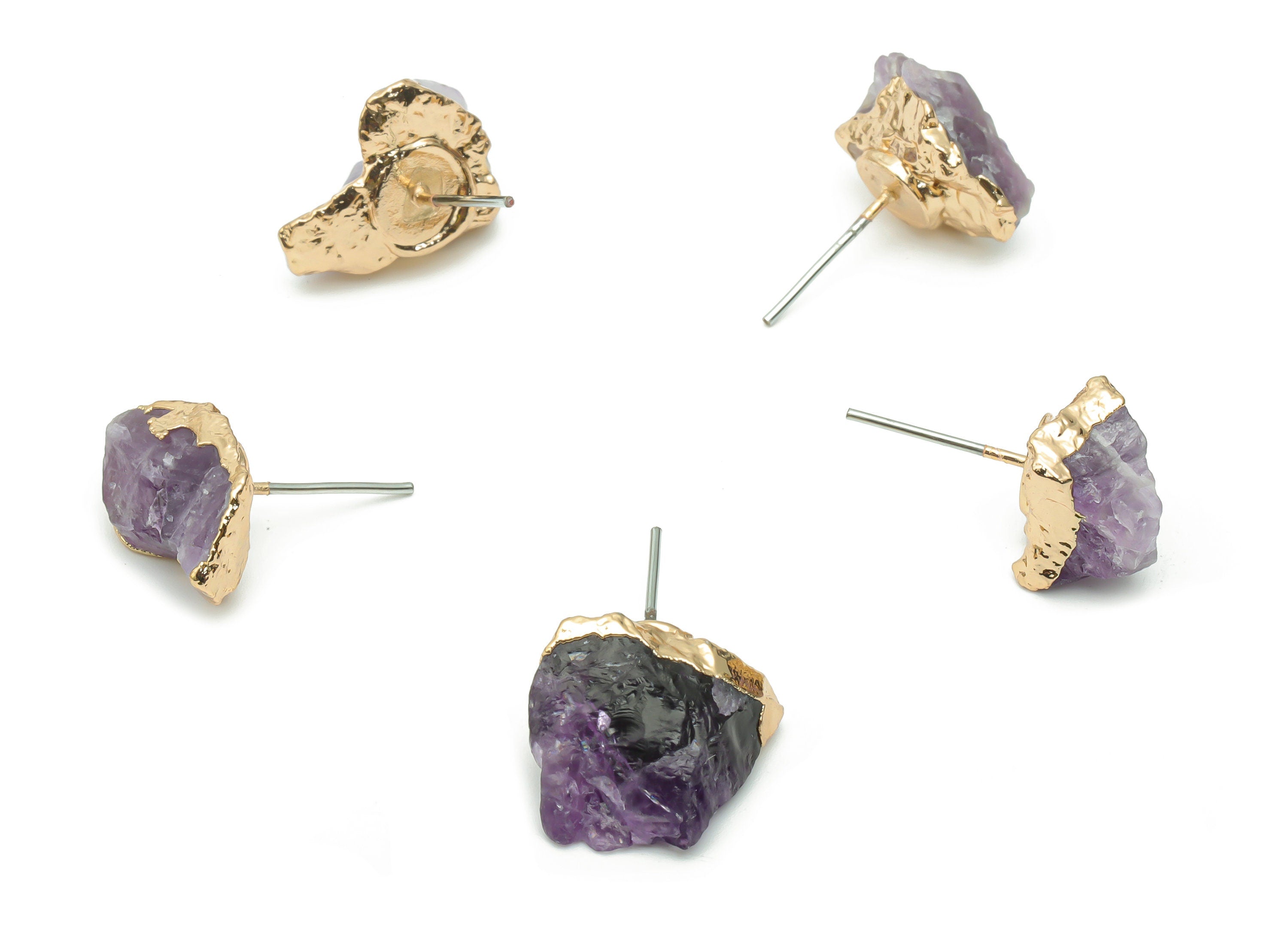 Amethyst Natural Stone Earring Stud - Brass Stone Earring Post - Gold Tone Plated Brass – Stainless Steel Stud - 17.38x11.43x7.9mm – NS1596B - DOMEDBAZAAR