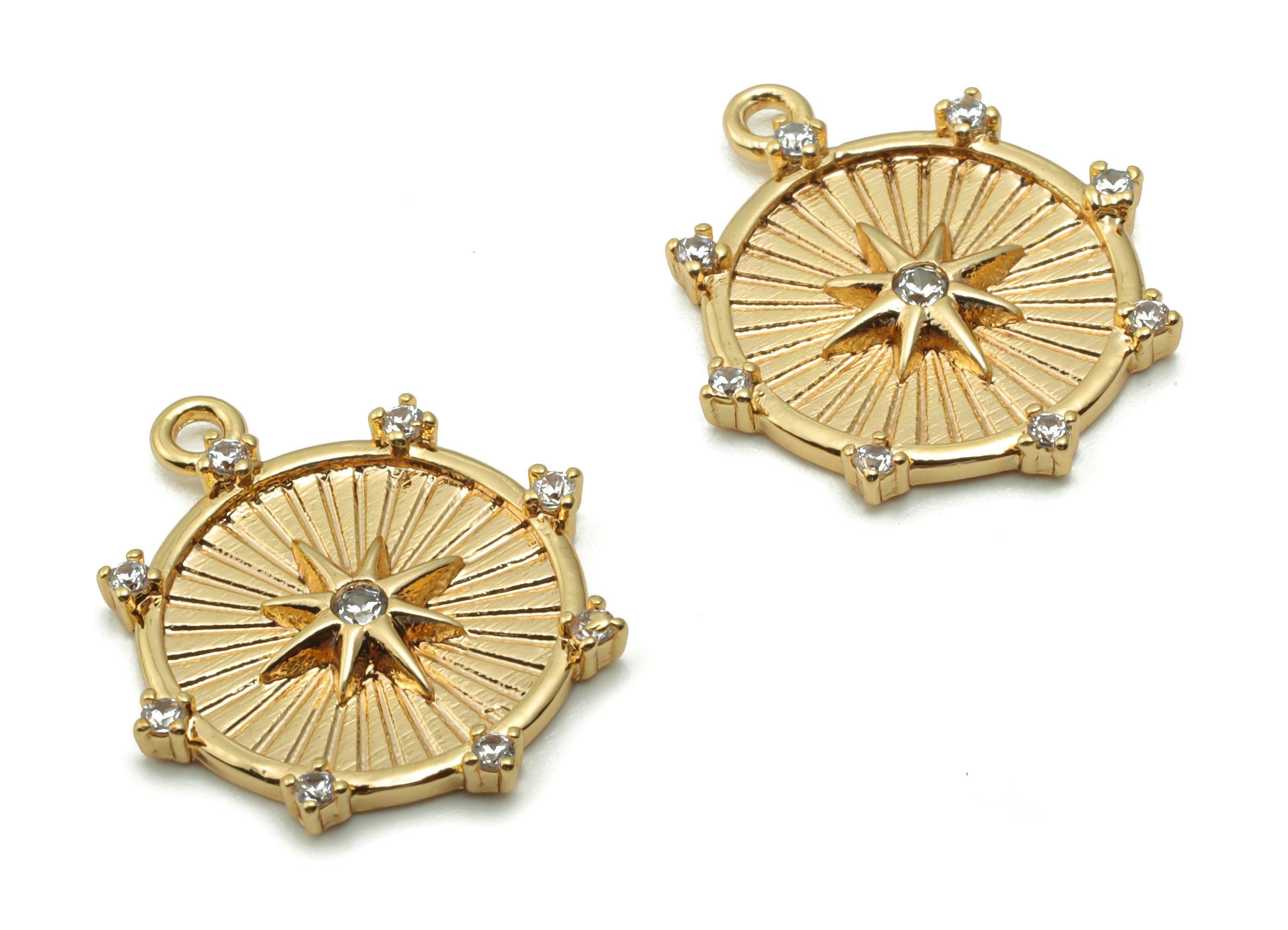 Brass Round Star Earring Charms With Zircons - Gold Circle Star Pendant - 18K Real Gold Plated Brass - 17.92x15.85x1.94mm - RGP4188 - DOMEDBAZAAR