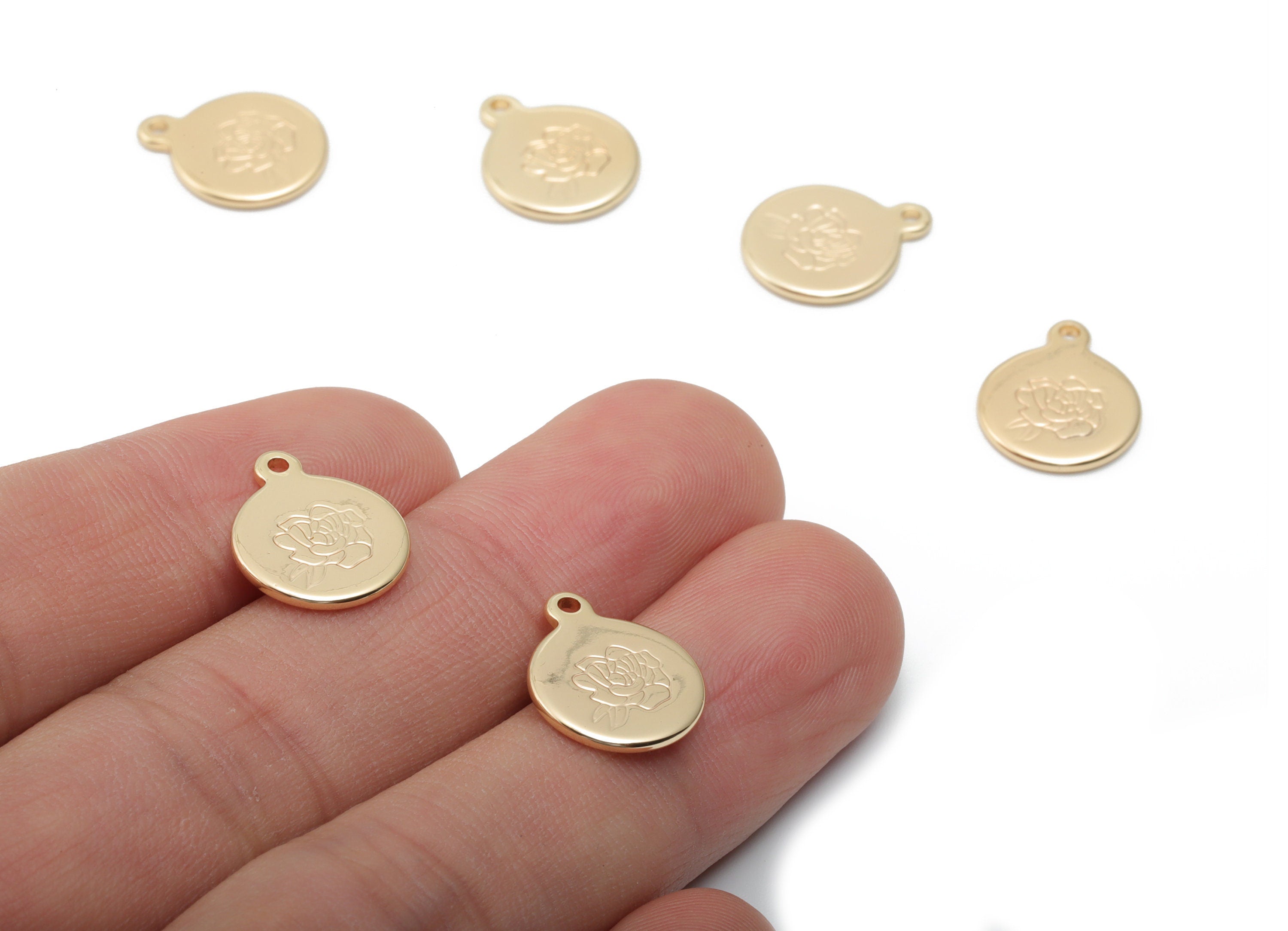 Brass Mini Round Lotus Earring Charms - Gold Flower Engraved Pendant - 18K Real Gold Plated Brass - 14.94x12.03x1.22mm - RGP4203 - DOMEDBAZAAR