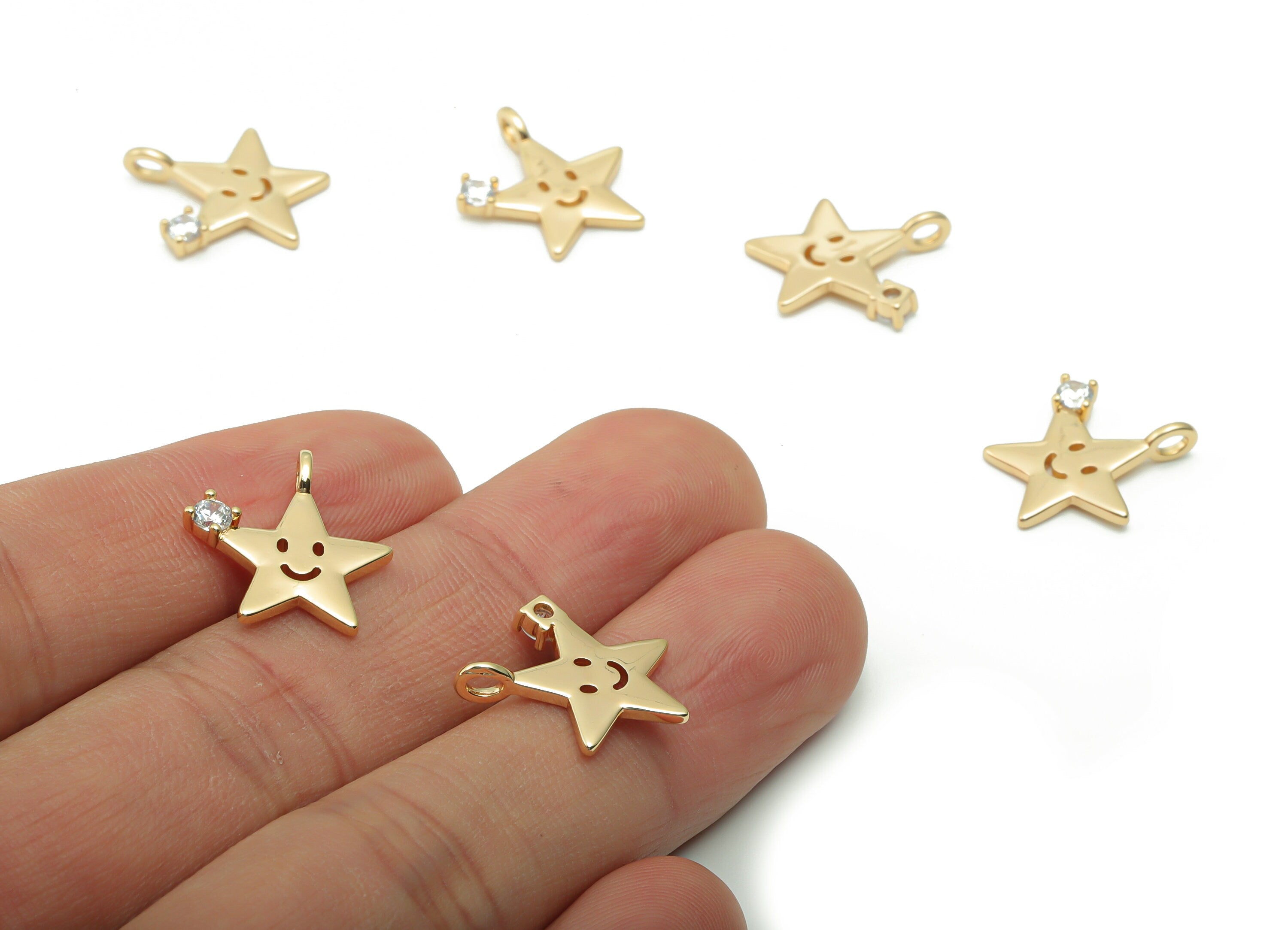 Brass Star Smiley Earring Charms With Zircons - Gold Star Smiley Pendant - 18K Real Gold Plated Brass - 16.72x15.26x2.3mm - RGP4183 - DOMEDBAZAAR