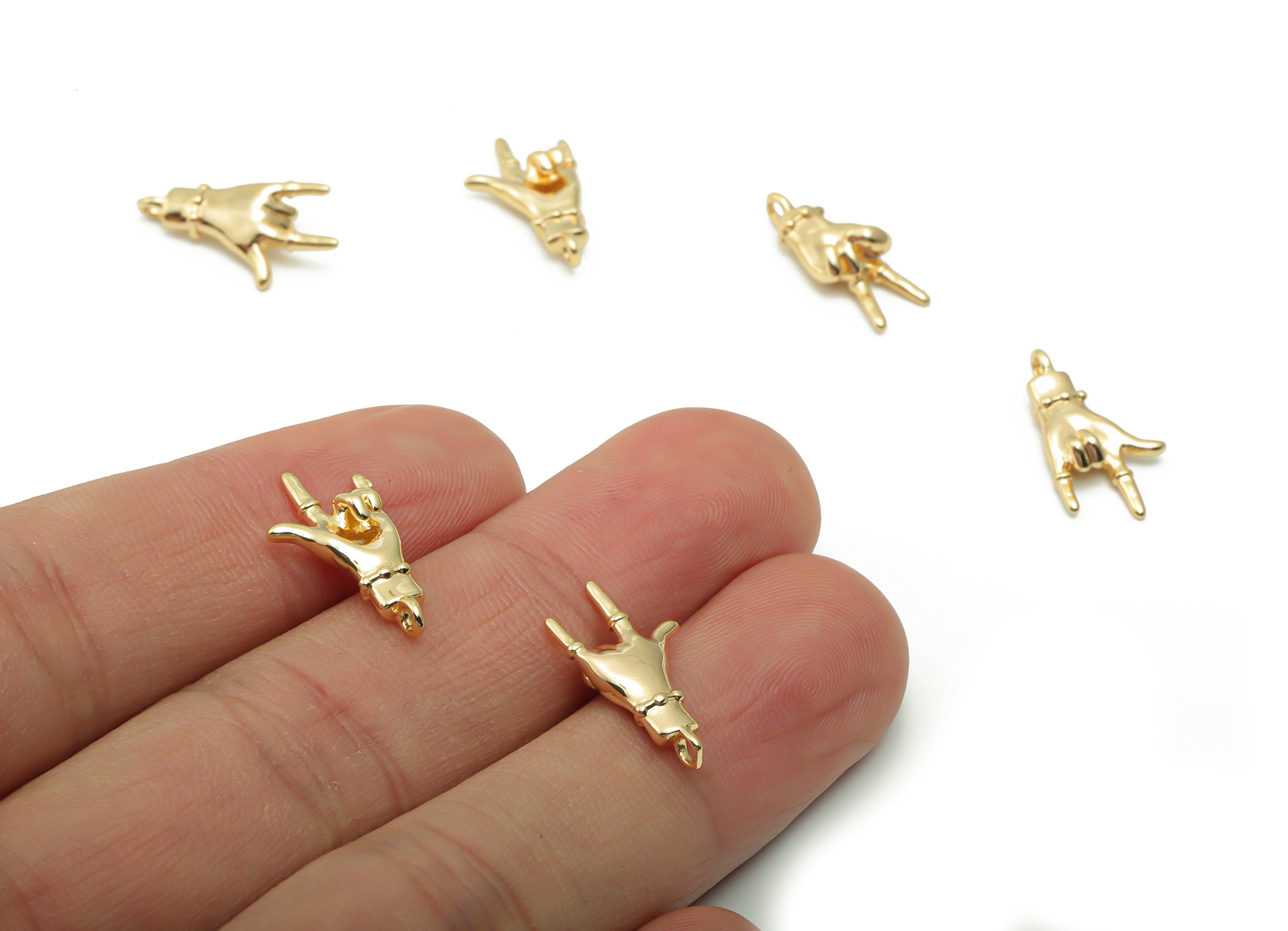 Brass Hand Sign Earring Charms - Gold Rock and Roll Sign Pendant - 18K Real Gold Plated Brass - Jewelry Supplies - 18.05x9.92x4.04mm-RGP4177 - DOMEDBAZAAR