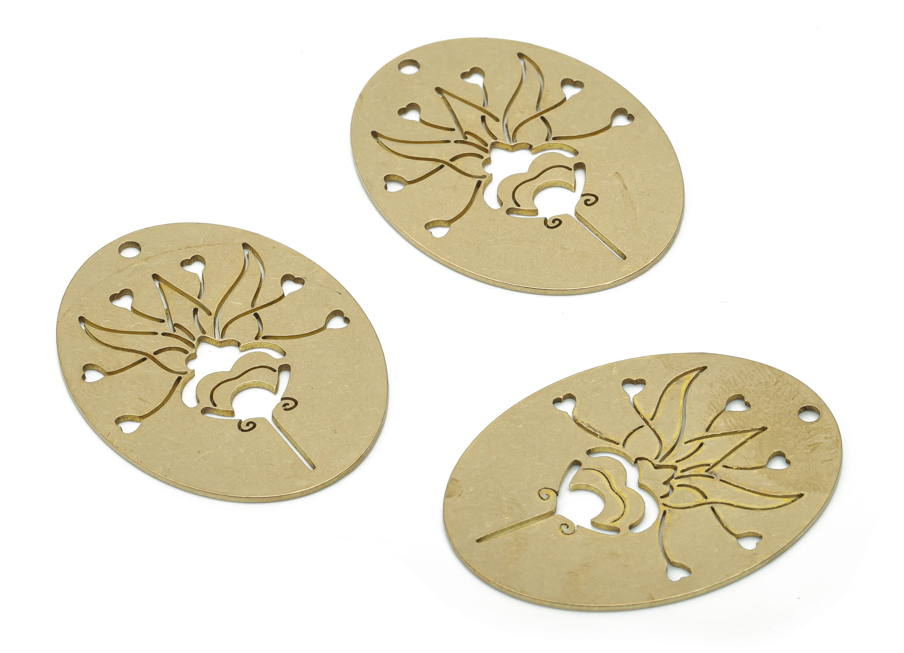Brass Oval Flower Earring Charms - Raw Brass Flower Oval Pendant - DIY Jewelry Making Supplies - 35.82x27.08x0.77mm - PPA1688 - DOMEDBAZAAR