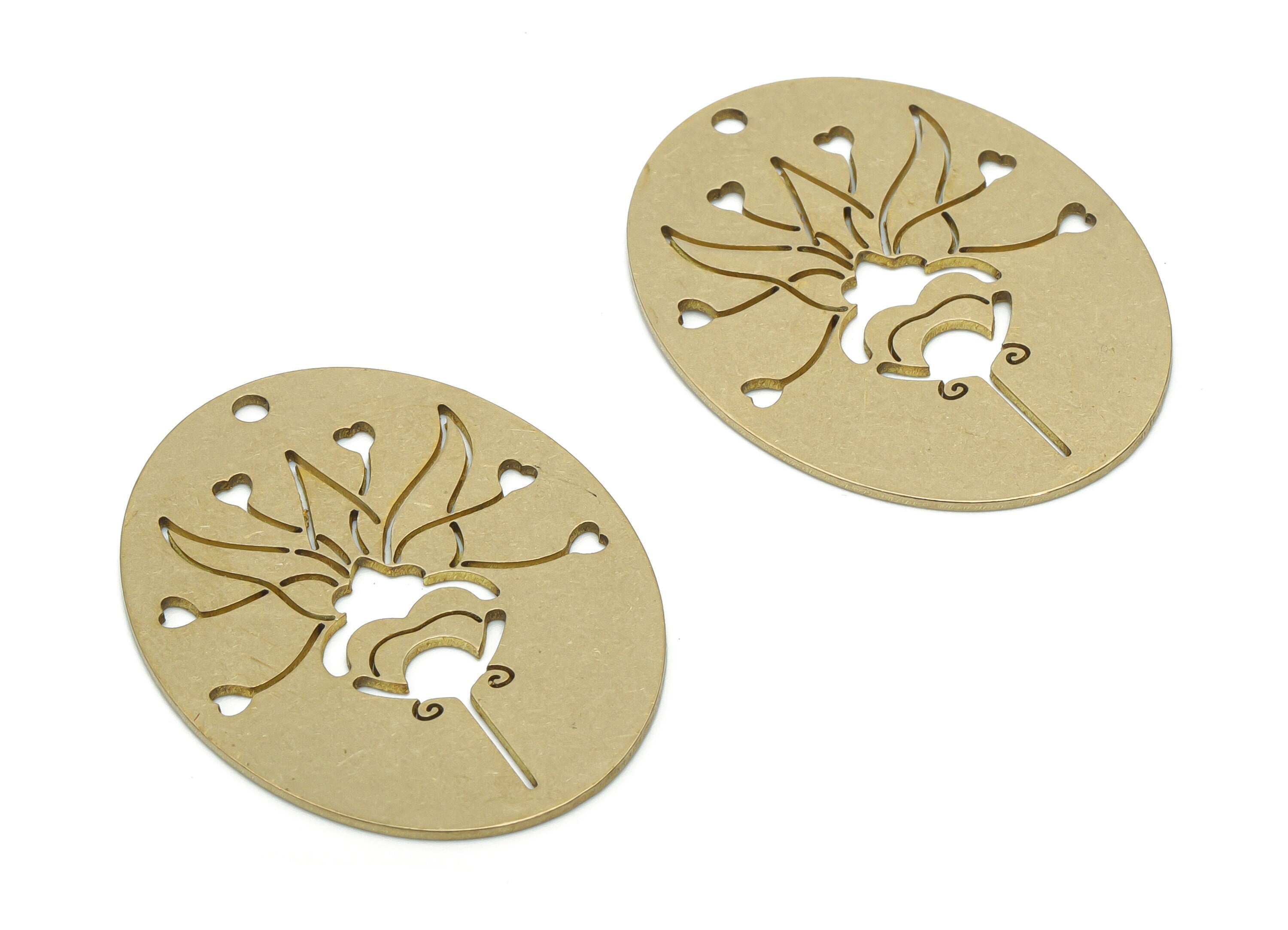Brass Oval Flower Earring Charms - Raw Brass Flower Oval Pendant - DIY Jewelry Making Supplies - 35.82x27.08x0.77mm - PPA1688 - DOMEDBAZAAR