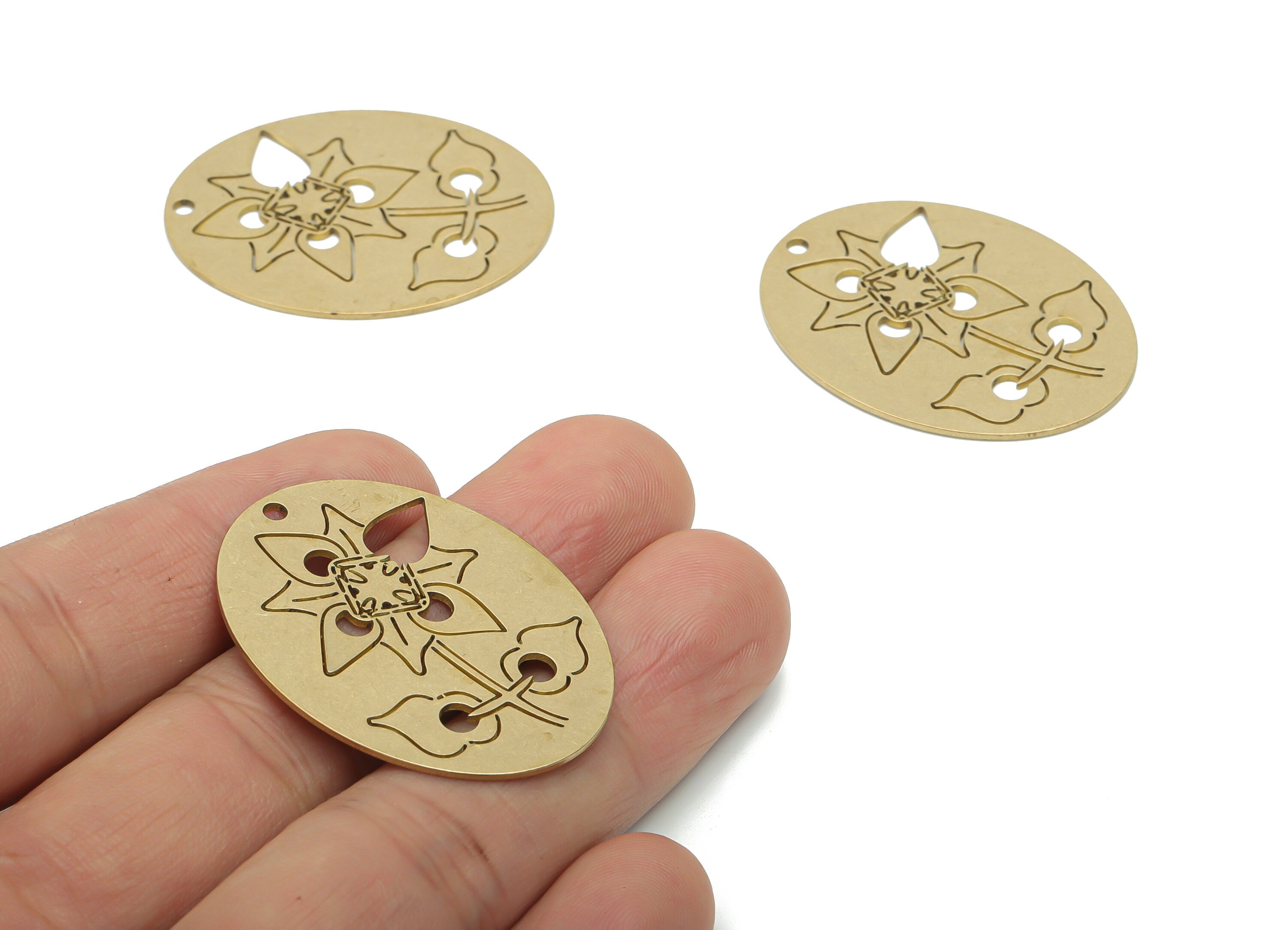Brass Oval Flower Earring Charms - Raw Brass Flower Oval Pendant - DIY Jewelry Making Supplies - 37.79x29.33x0.81mm - PPA1799 - DOMEDBAZAAR