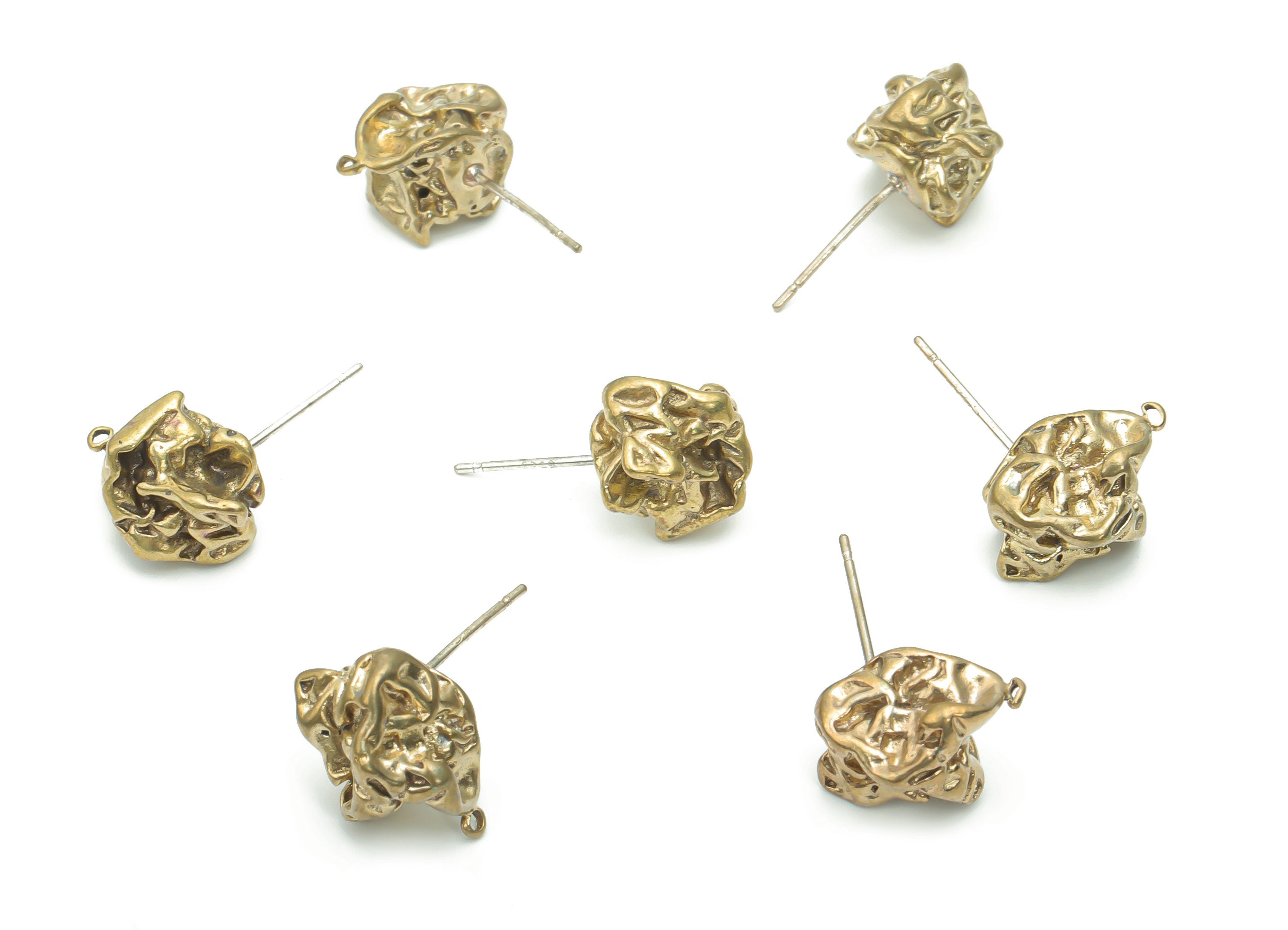 Brass Hammered Irregular Earring Stud With Loop - Raw Brass Irregular Earring Post - Silver Plated Brass Stud - 11.8x9x9mm - PP5104 - DOMEDBAZAAR