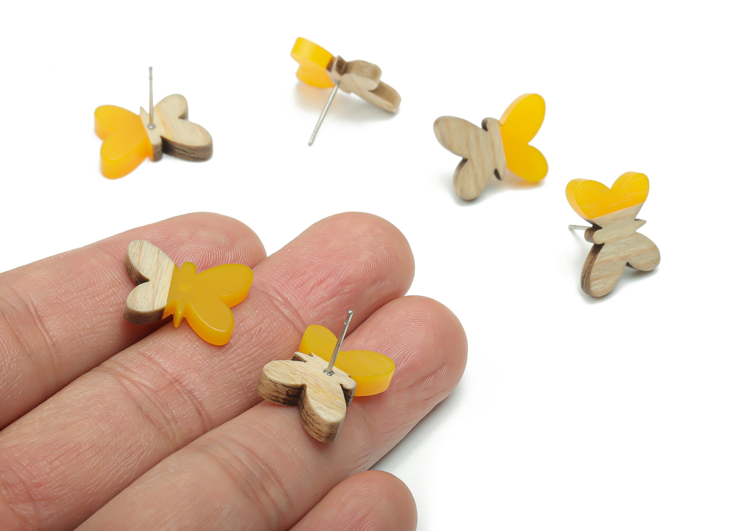 Natural Wood Butterfly Earring Stud - Resin Butterfly Post - 316 Surgical Stainless Steel - Jewelry Supplies - 17.87x13.77x3.78mm - BB1165C - DOMEDBAZAAR