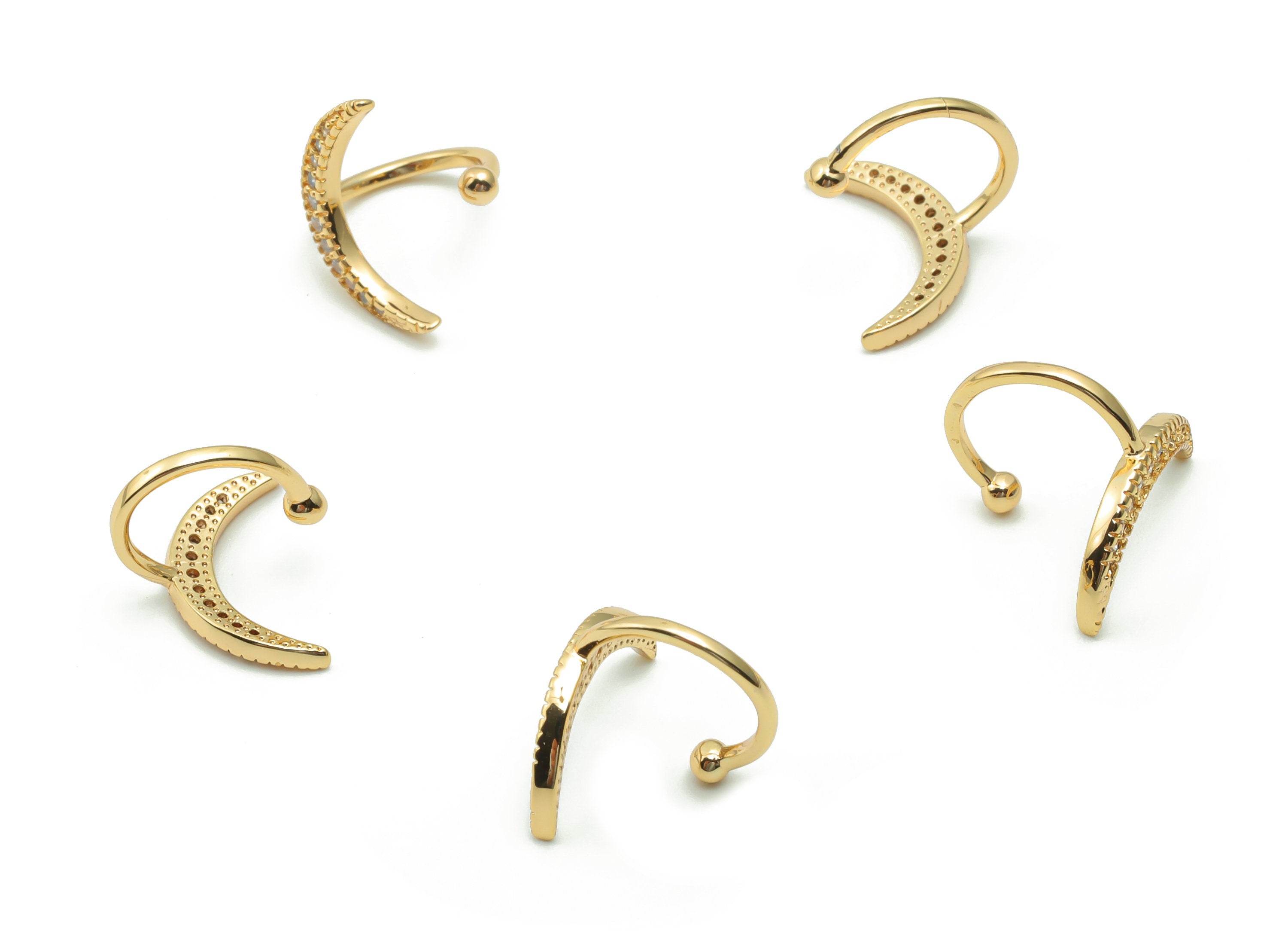 Brass Crescent Earring Earcuff With Zircons - Gold Moon Earcuff - 18K Real Gold Plated Brass - Jewelry Supplies - 14.77x12.4x1.6mm - RGP4181 - DOMEDBAZAAR