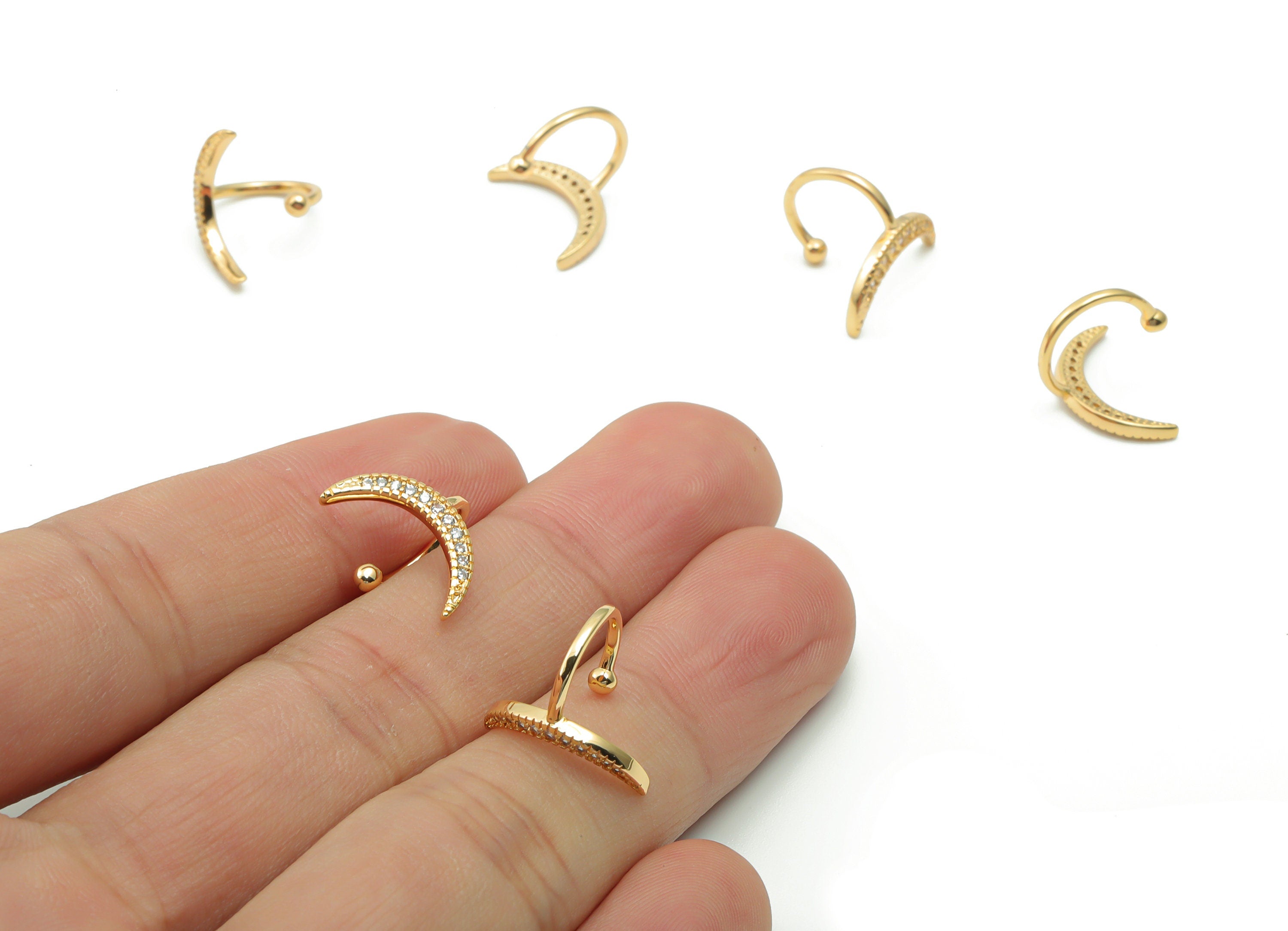 Brass Crescent Earring Earcuff With Zircons - Gold Moon Earcuff - 18K Real Gold Plated Brass - Jewelry Supplies - 14.77x12.4x1.6mm - RGP4181 - DOMEDBAZAAR
