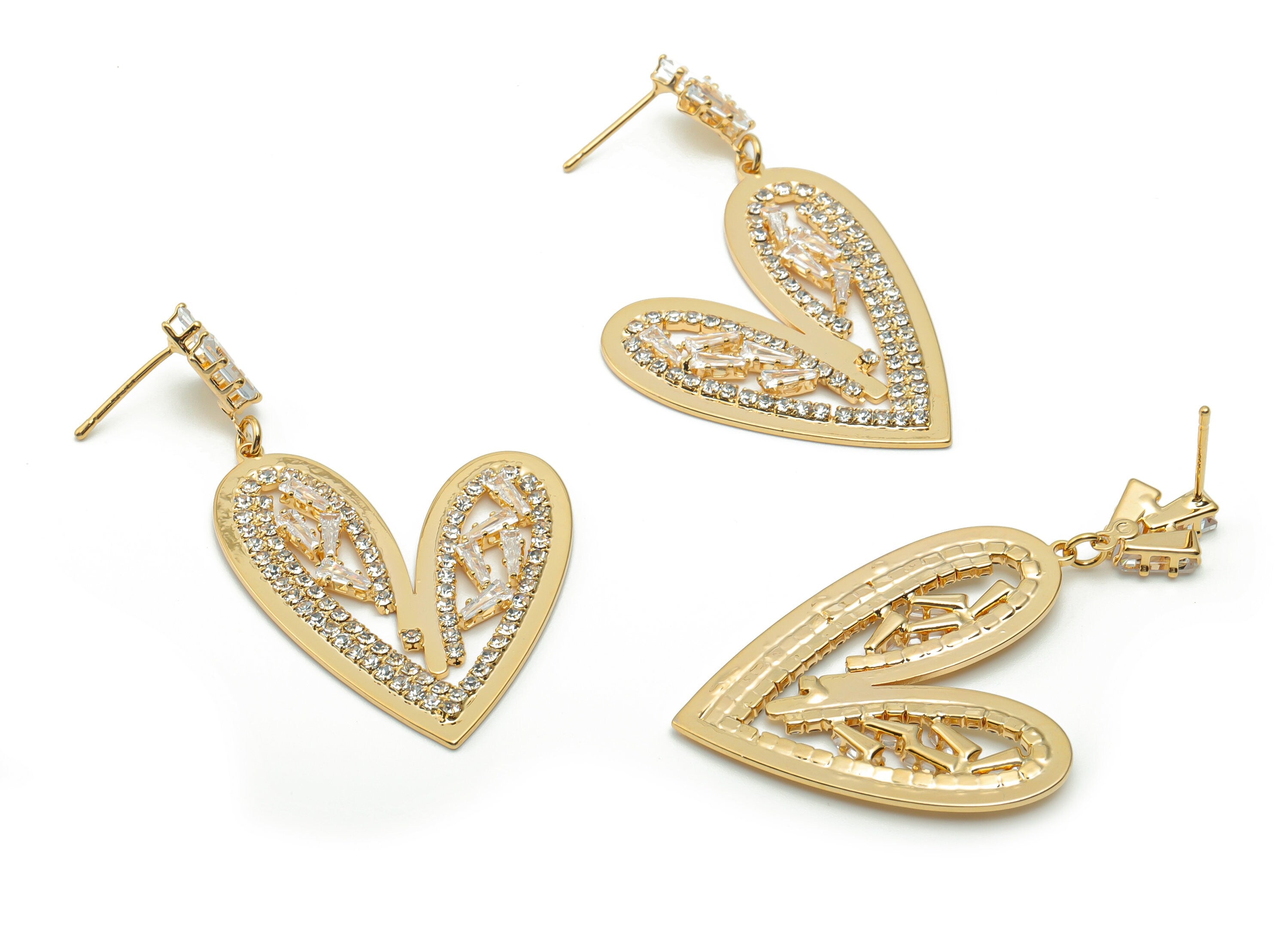 Brass Heart Earring Stud With Zircons - Gold Heart Earring Post - Brass Stud - 18K Real Gold Plated Brass - 53.76x30.77x2.45mm - RGP4207 - DOMEDBAZAAR