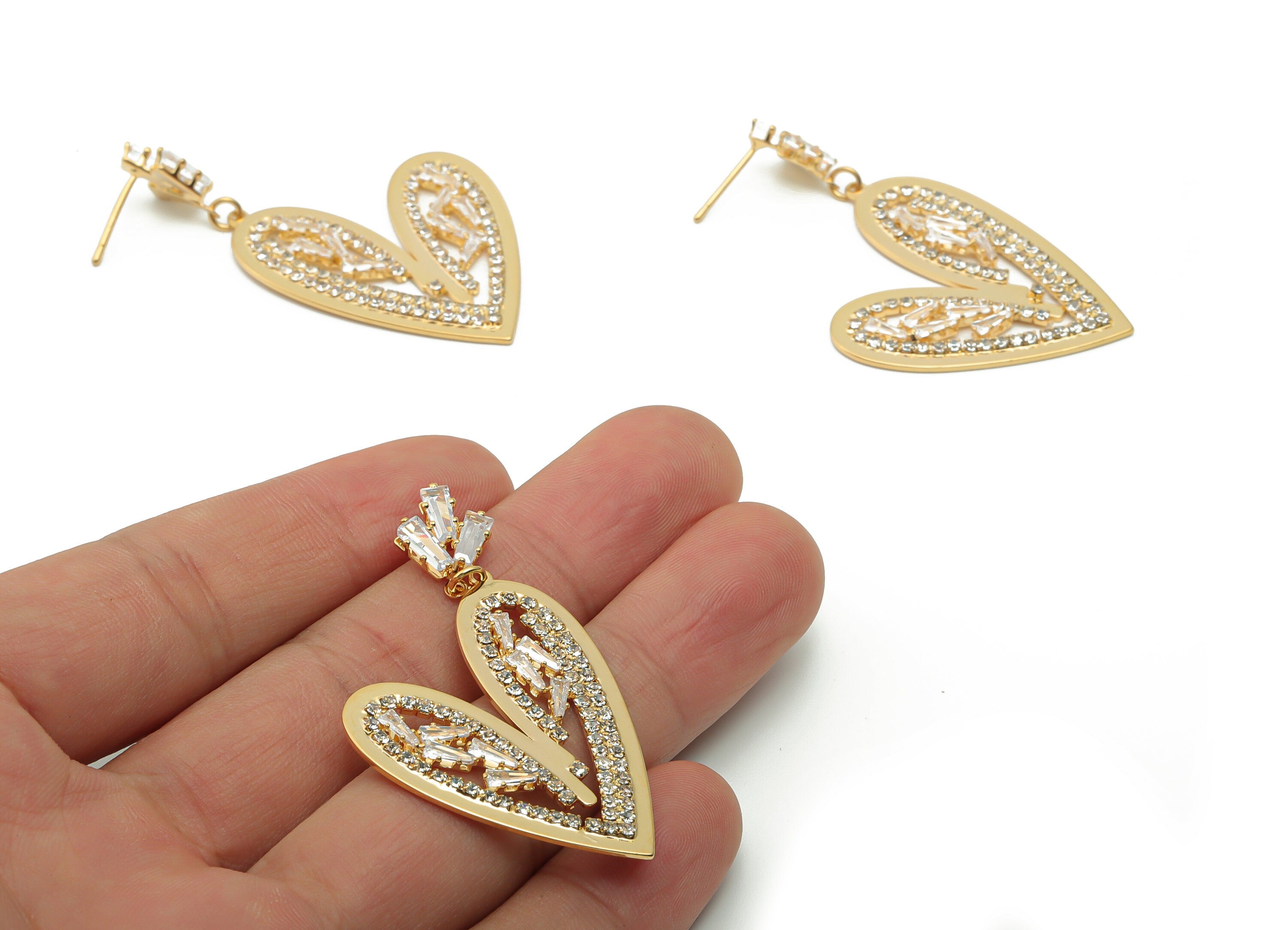 Brass Heart Earring Stud With Zircons - Gold Heart Earring Post - Brass Stud - 18K Real Gold Plated Brass - 53.76x30.77x2.45mm - RGP4207 - DOMEDBAZAAR