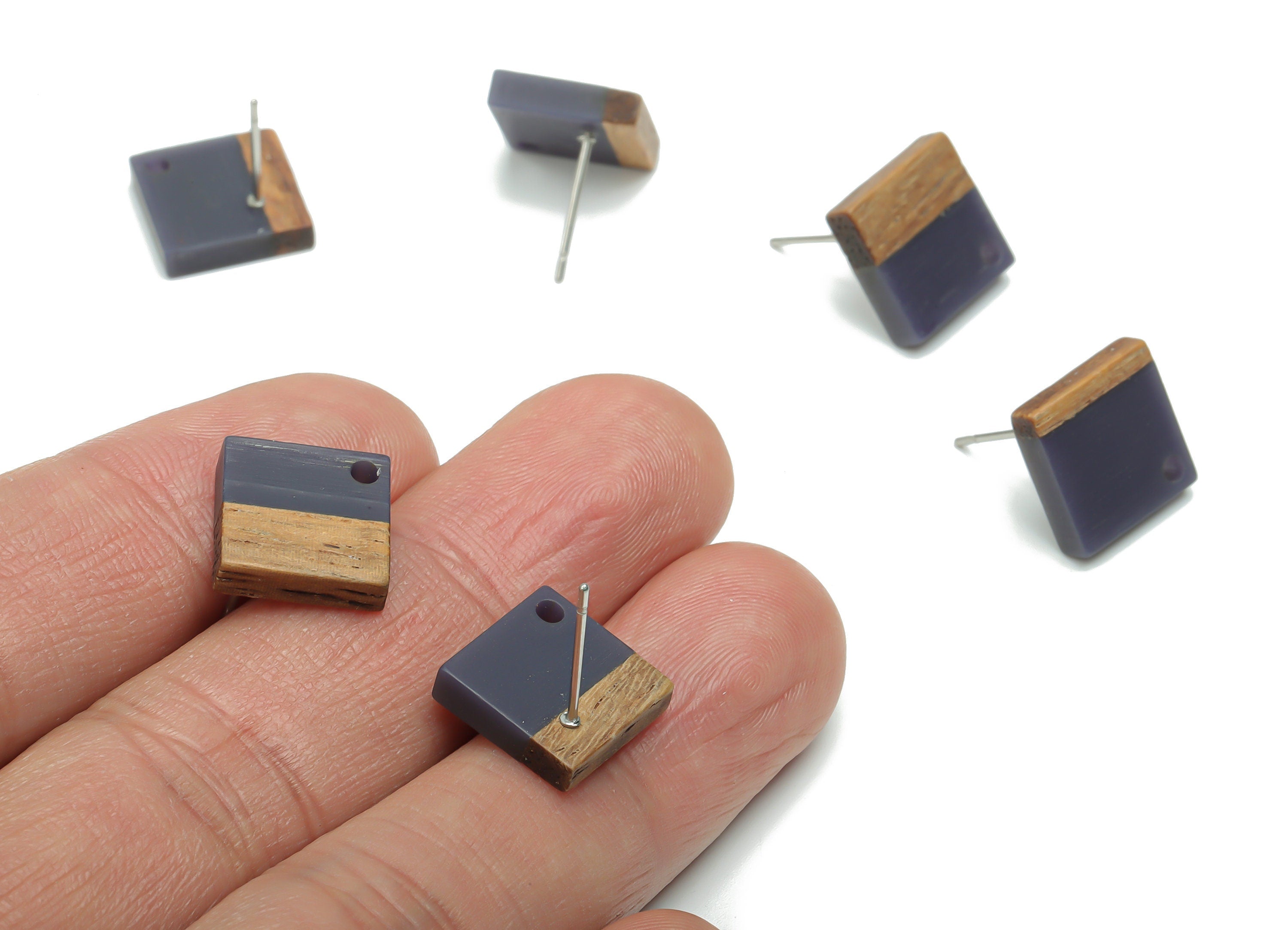 Natural Wood Square Earring Stud - Resin Square Post - 316 Surgical Stainless Steel - Jewelry Making Supplies - 11.96x11.88x3.52mm - BB1164A - DOMEDBAZAAR