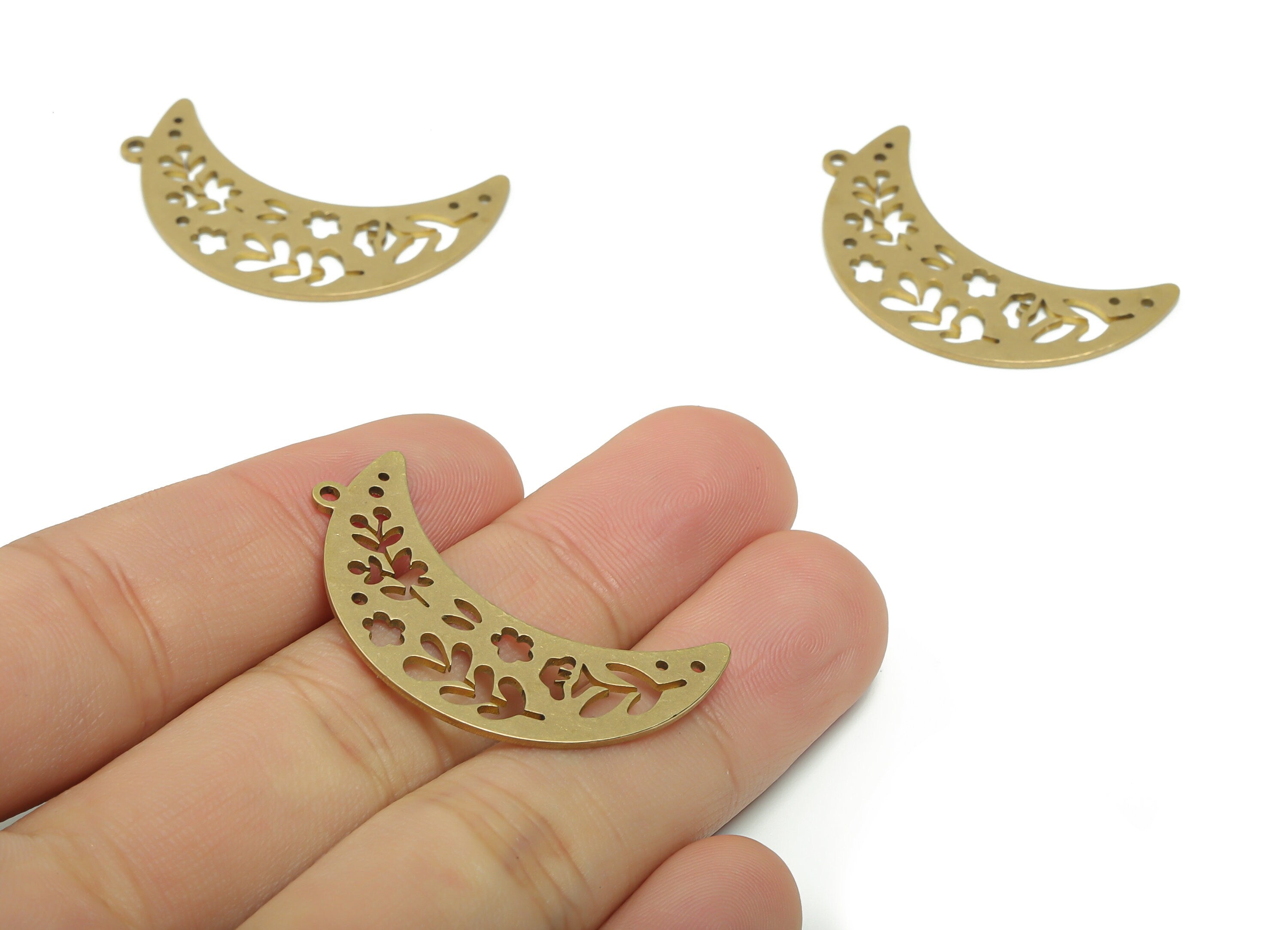Brass Crescent Flower Earring Charms - Raw Brass Moon Branch Pendant - Jewelry Making Supplies - 36.58x18.79x0.84mm - PPA0487 - DOMEDBAZAAR