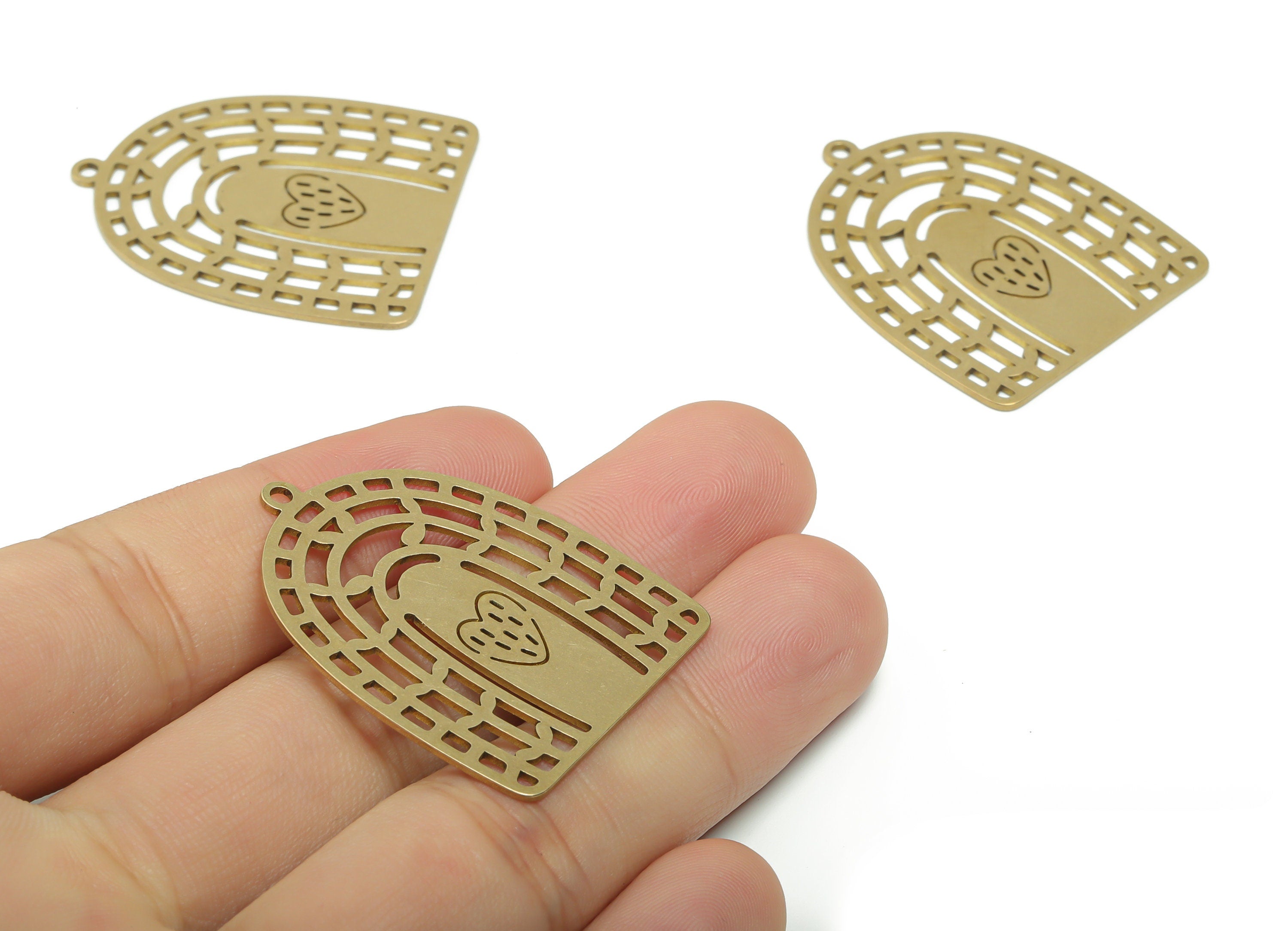 Brass Rainbow Domed Earring Charms - Raw Brass Rainbow Heart Pendant - Jewelry Making Supplies - 37.77x30.9x0.77mm - PPZ0118 - DOMEDBAZAAR