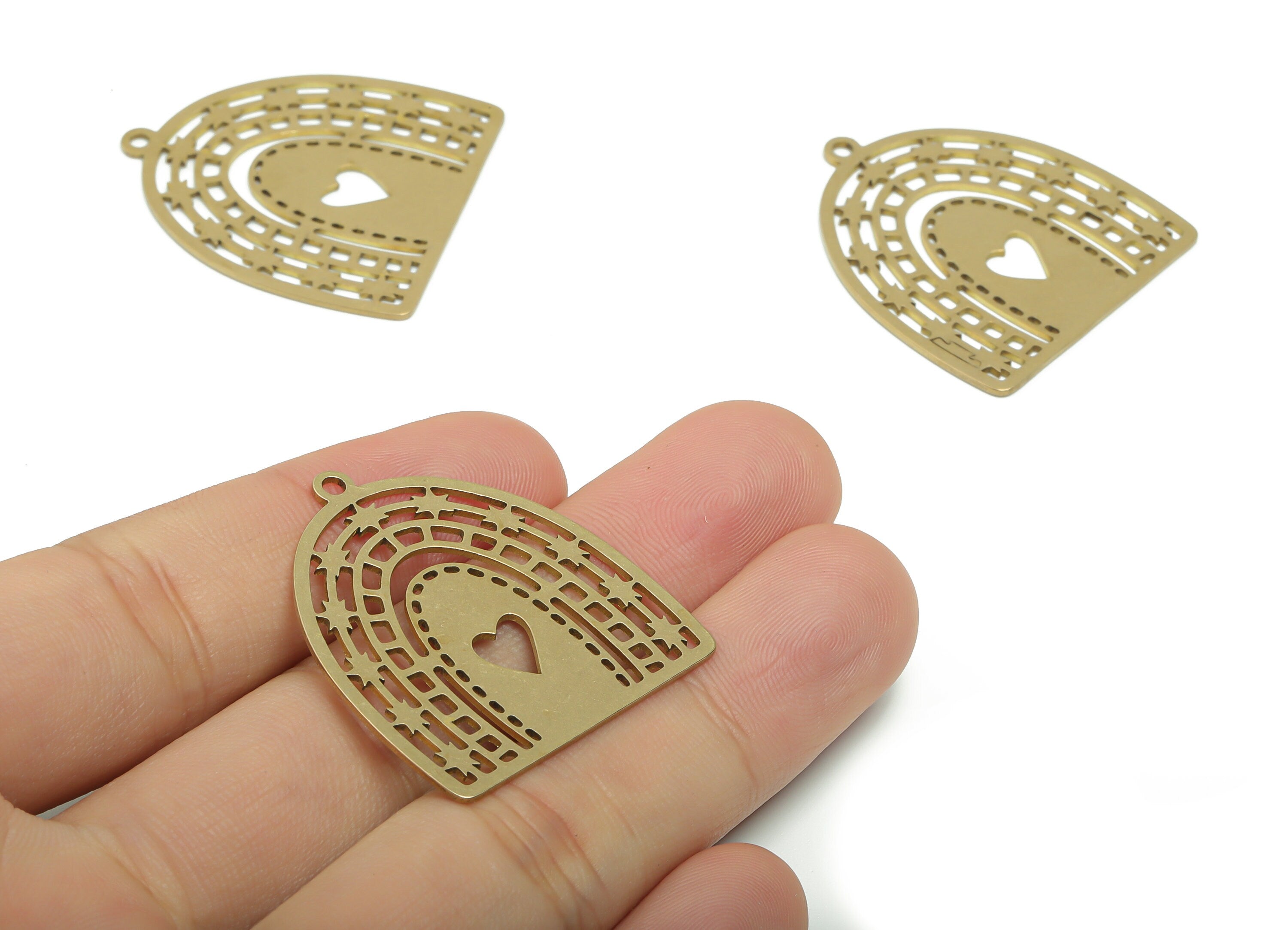 Brass Rainbow Domed Earring Charms - Raw Brass Rainbow Heart Star Pendant - Jewelry Making Supplies - 34.79x31.55x0.74mm - PPZ0120 - DOMEDBAZAAR