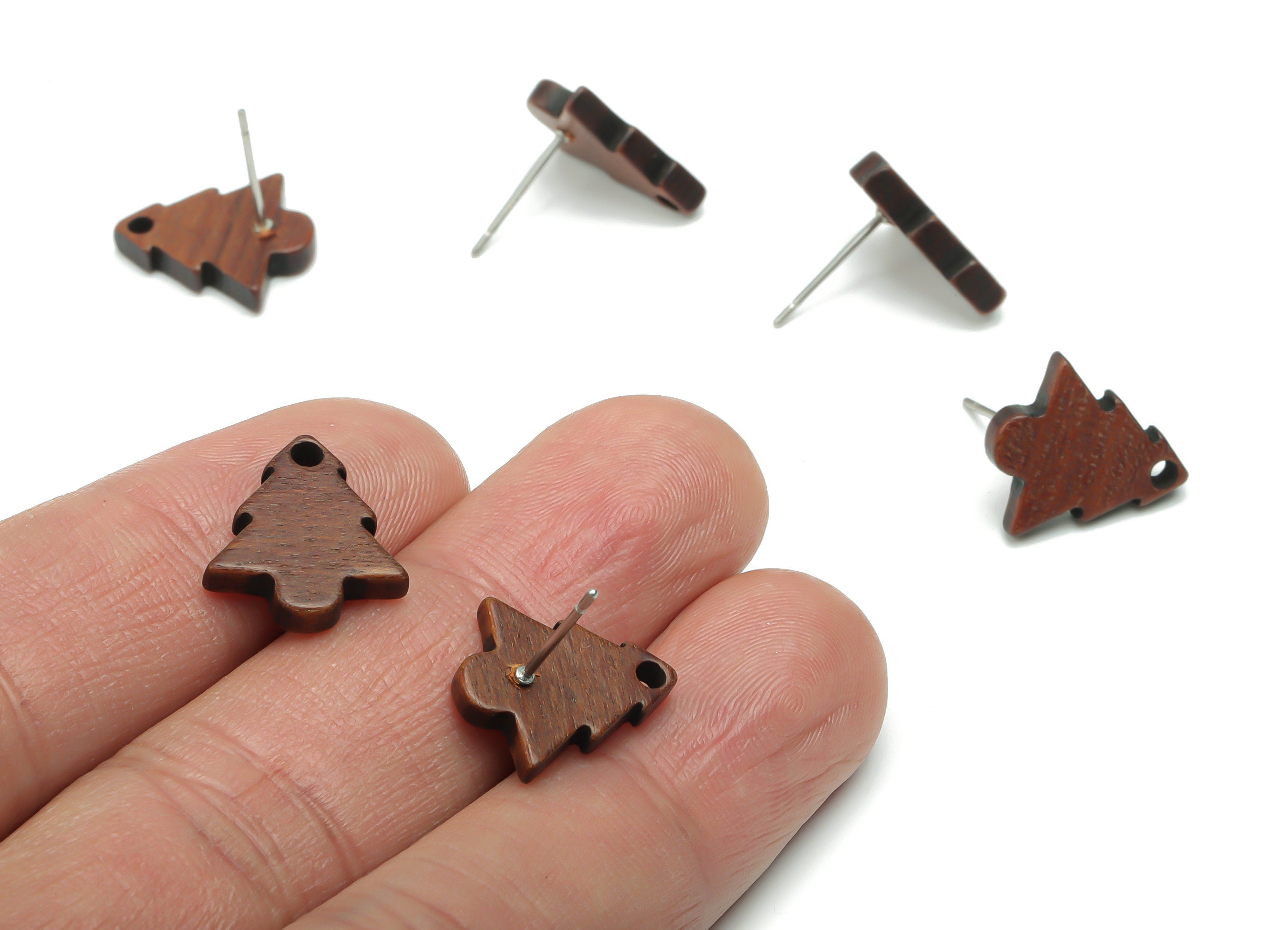 Natural Wood Pine Tree Earring Stud - Tree Earring Post - 316 Surgical Stainless Steel - Jewelry Supplies - 15.46x13.73x2.8mm - BB1173 - DOMEDBAZAAR