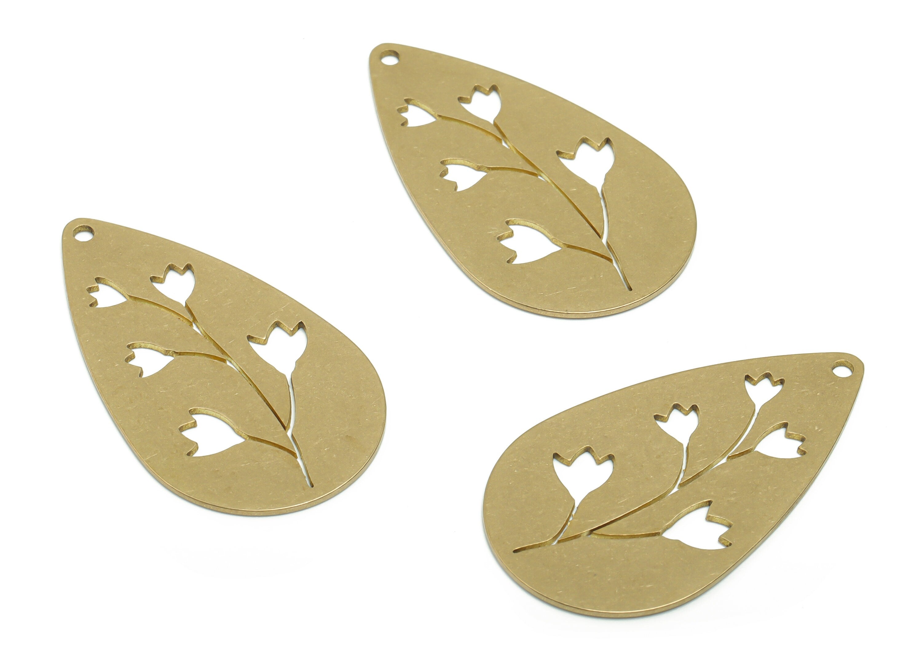 Brass Drop Flower Earring Charms - Raw Brass Flower Drop Pendant - Jewelry Making Supplies - 34.78x20.18x0.65mm - PPZ0382 - DOMEDBAZAAR