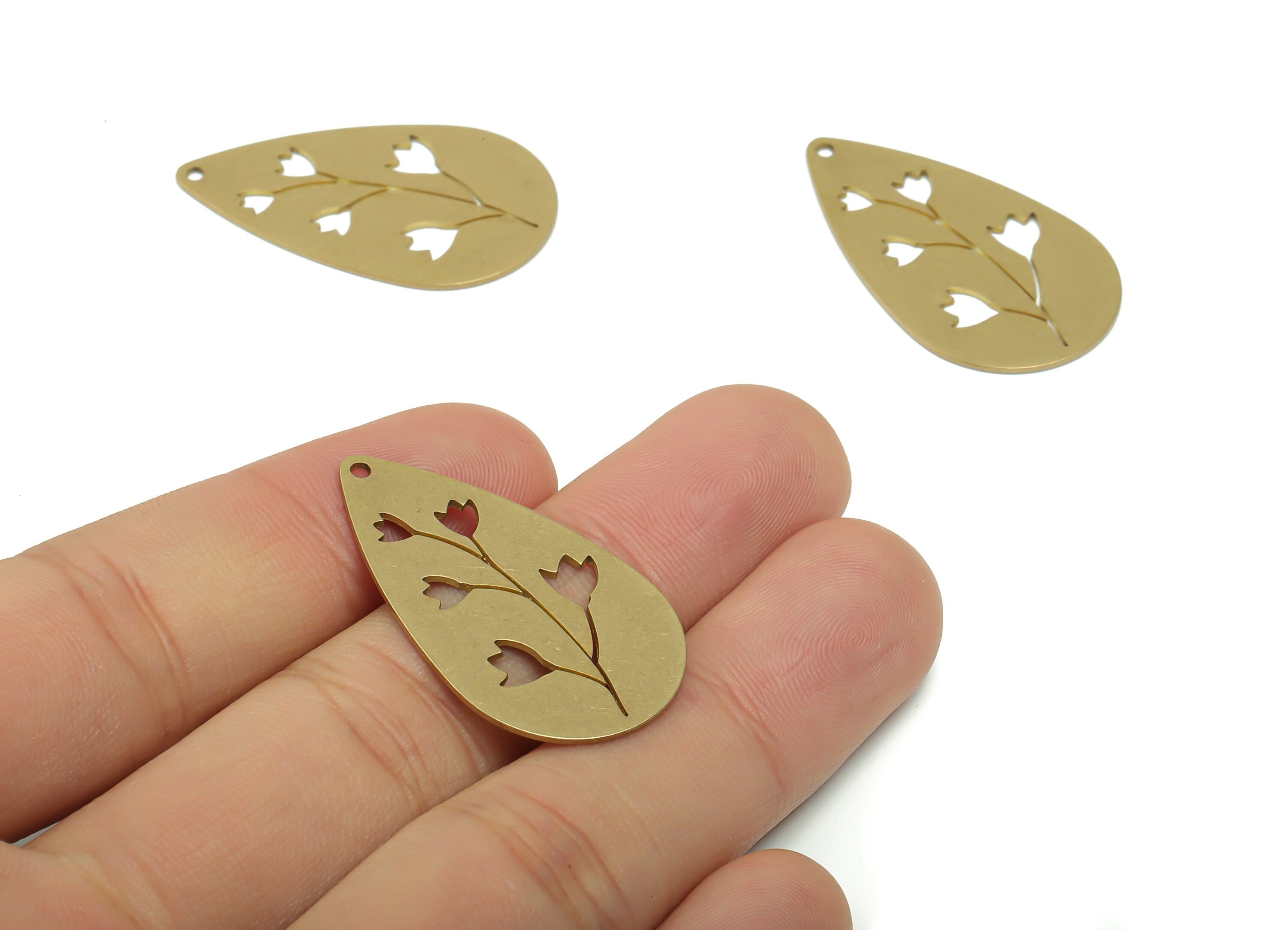 Brass Drop Flower Earring Charms - Raw Brass Flower Drop Pendant - Jewelry Making Supplies - 34.78x20.18x0.65mm - PPZ0382 - DOMEDBAZAAR