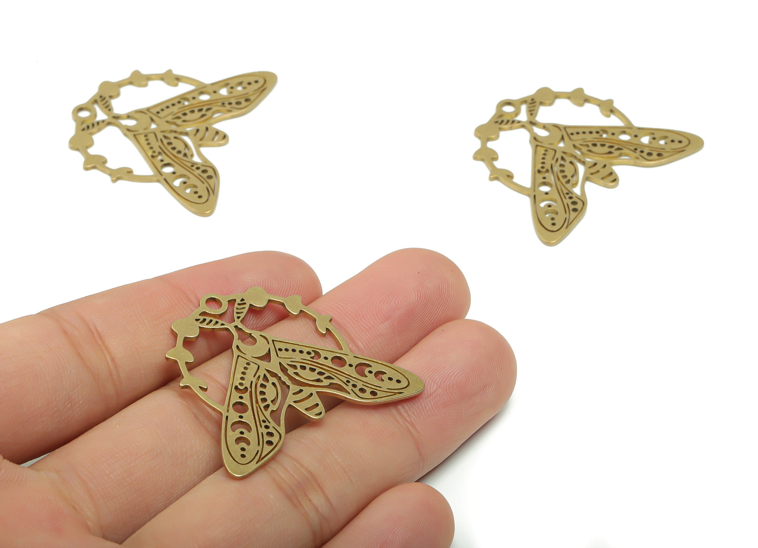 Brass Moth Earring Charms - Raw Brass Moth Phase of Moon Pendant - Jewelry Making Supplies - 37.8x33.02x0.86mm - PPZ0103 - DOMEDBAZAAR