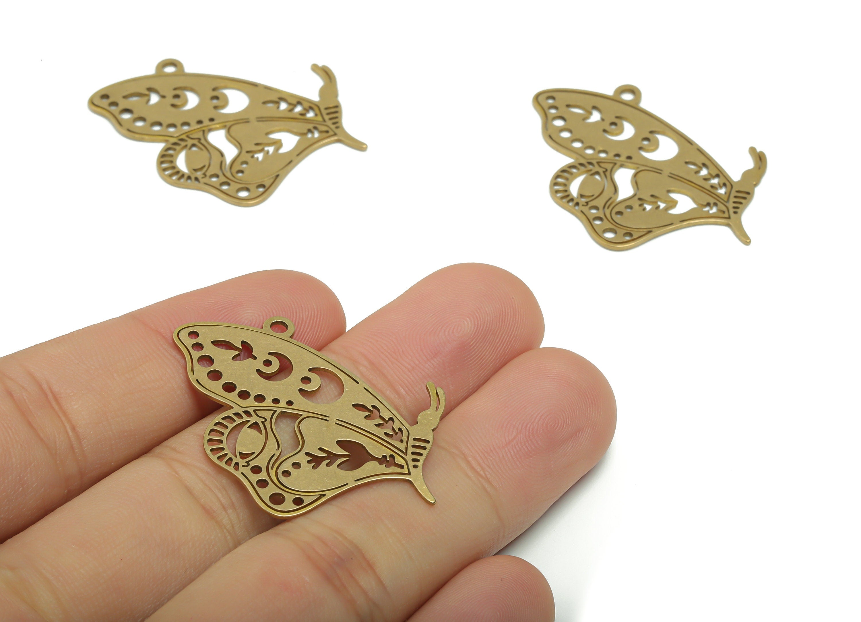 Brass Moth Eye Earring Charms - Raw Brass Butterfly Moon Branch Pendant - Jewelry Making Supplies - 38.2x28.13x0.66mm - PPZ0094 - DOMEDBAZAAR