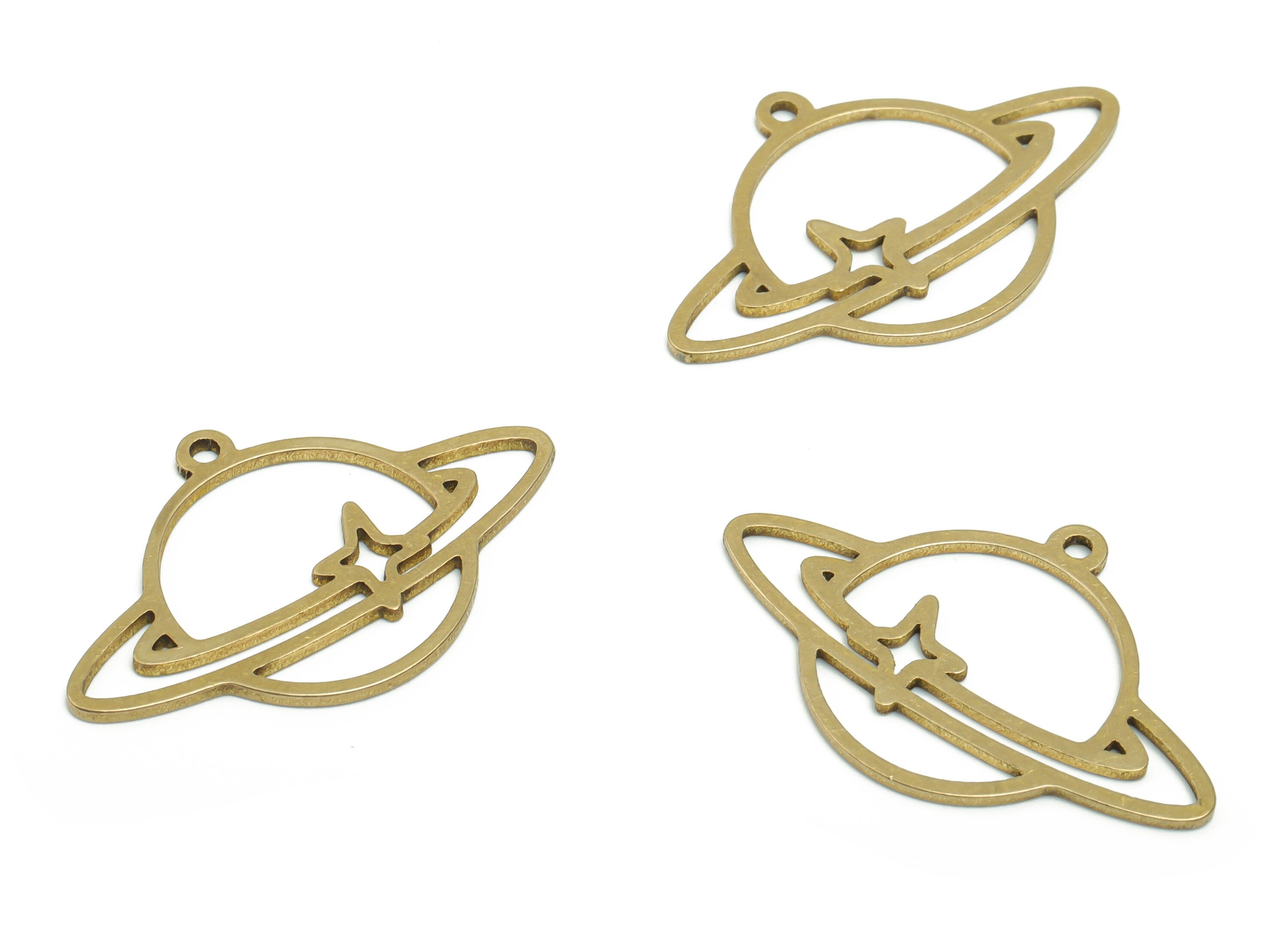 Brass Round Planet Earring Charms - Raw Brass Saturn Universe Pendant - Jewelry Making Supplies - 29.69x19.34x0.94mm - PPZ0095 - DOMEDBAZAAR