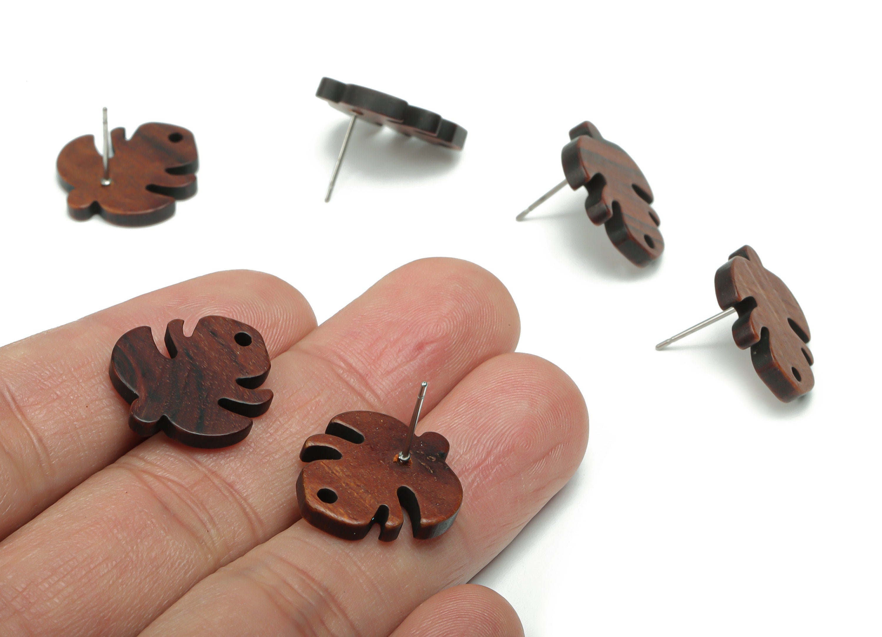 Natural Wood Monstera Earring Stud - Leaf Earring Post - 316 Surgical Stainless Steel - Jewelry Supplies - 19.57x17.7x3.07mm - BB1170 - DOMEDBAZAAR