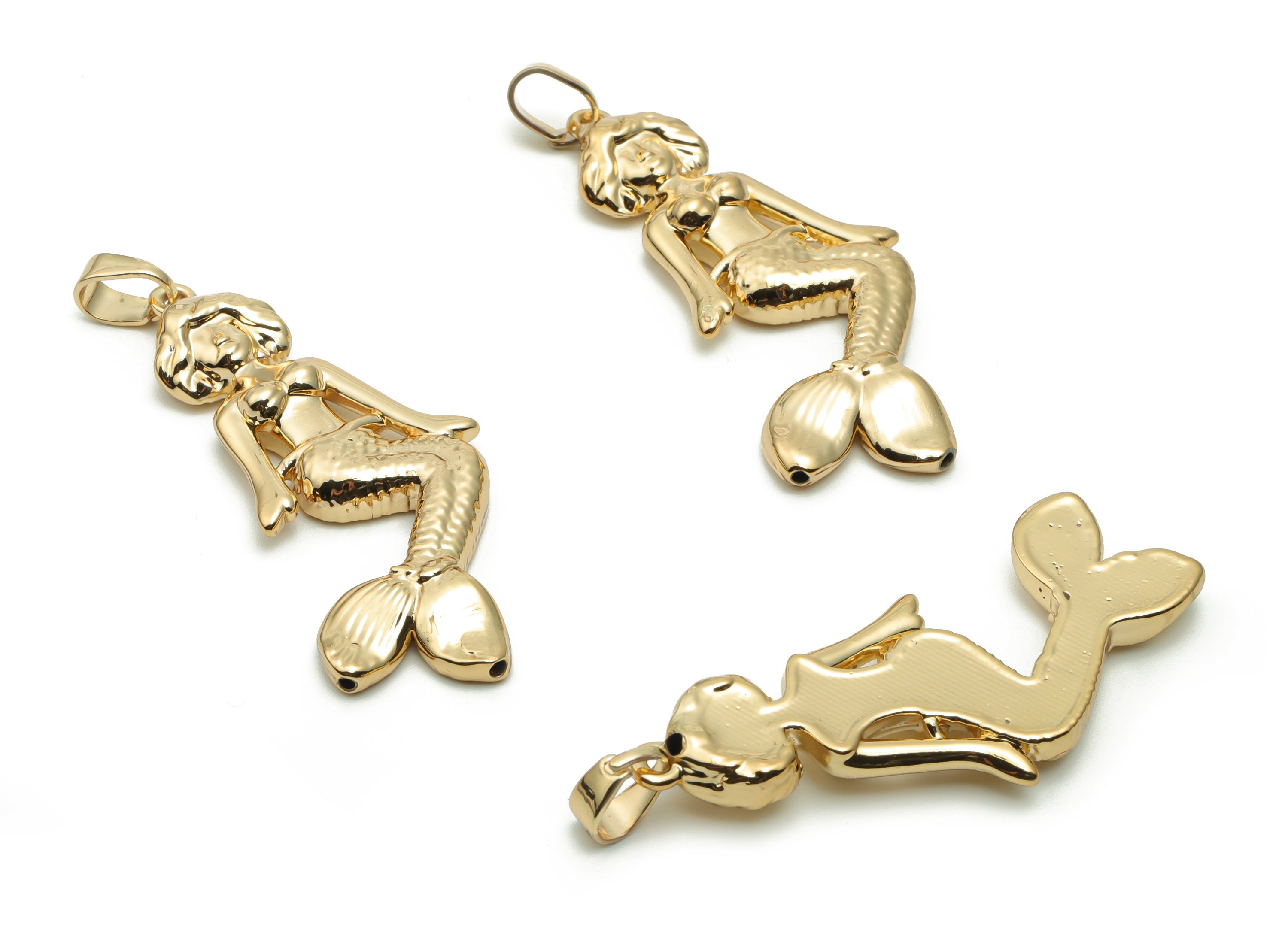 Brass Mermaid Earring Charms - Gold Mermaid Pendant - Gold Tone Plated Brass - Jewelry Making Supplies - 55.28x22.32x4.43mm - PP5080G - DOMEDBAZAAR