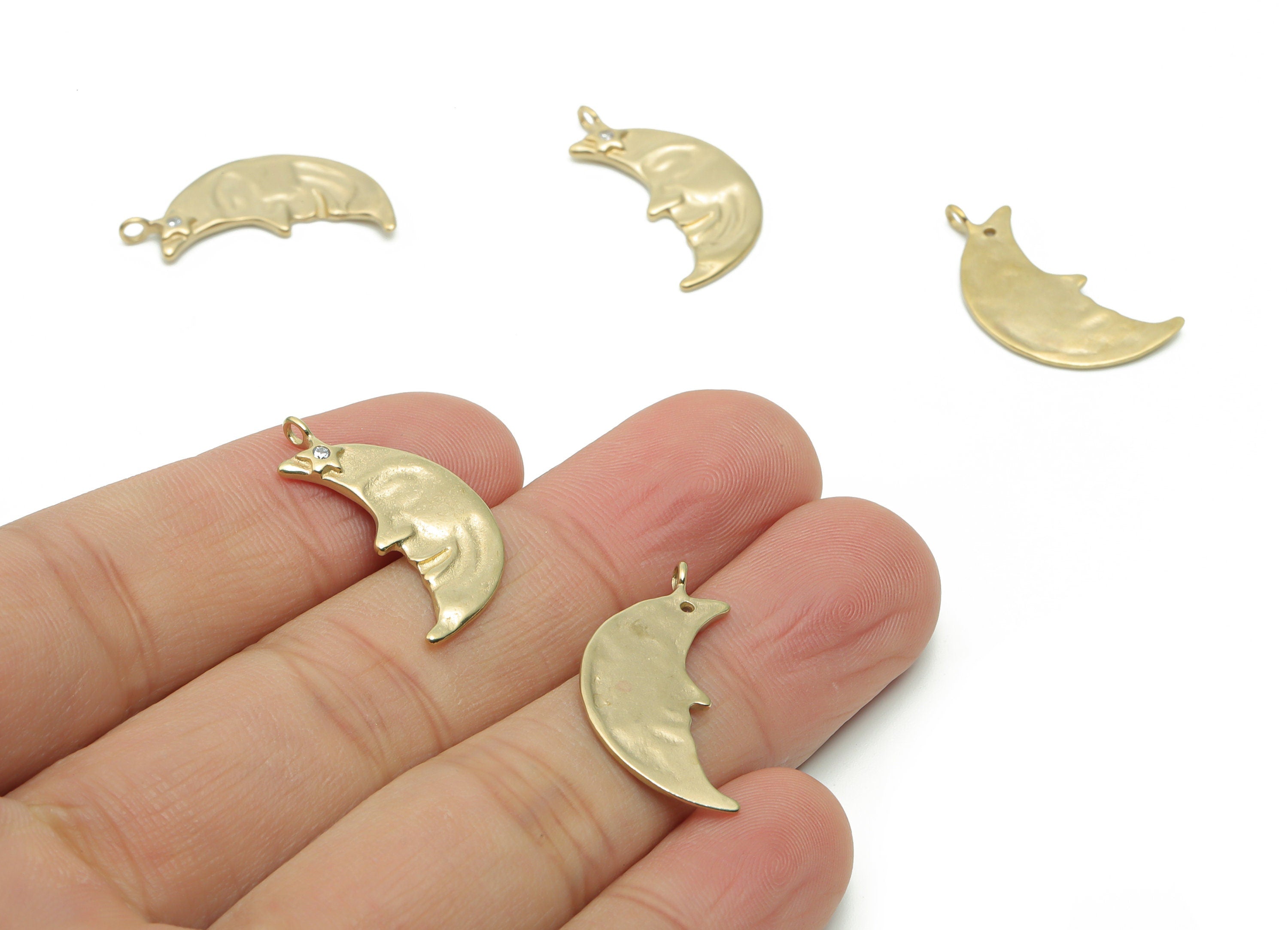 Brass Moon Smiley Face Earring Charms With Zircons - Raw Brass Crescent Star Pendant - Jewelry Making Supplies - 24.41x12.91x1.03mm - PP5046 - DOMEDBAZAAR