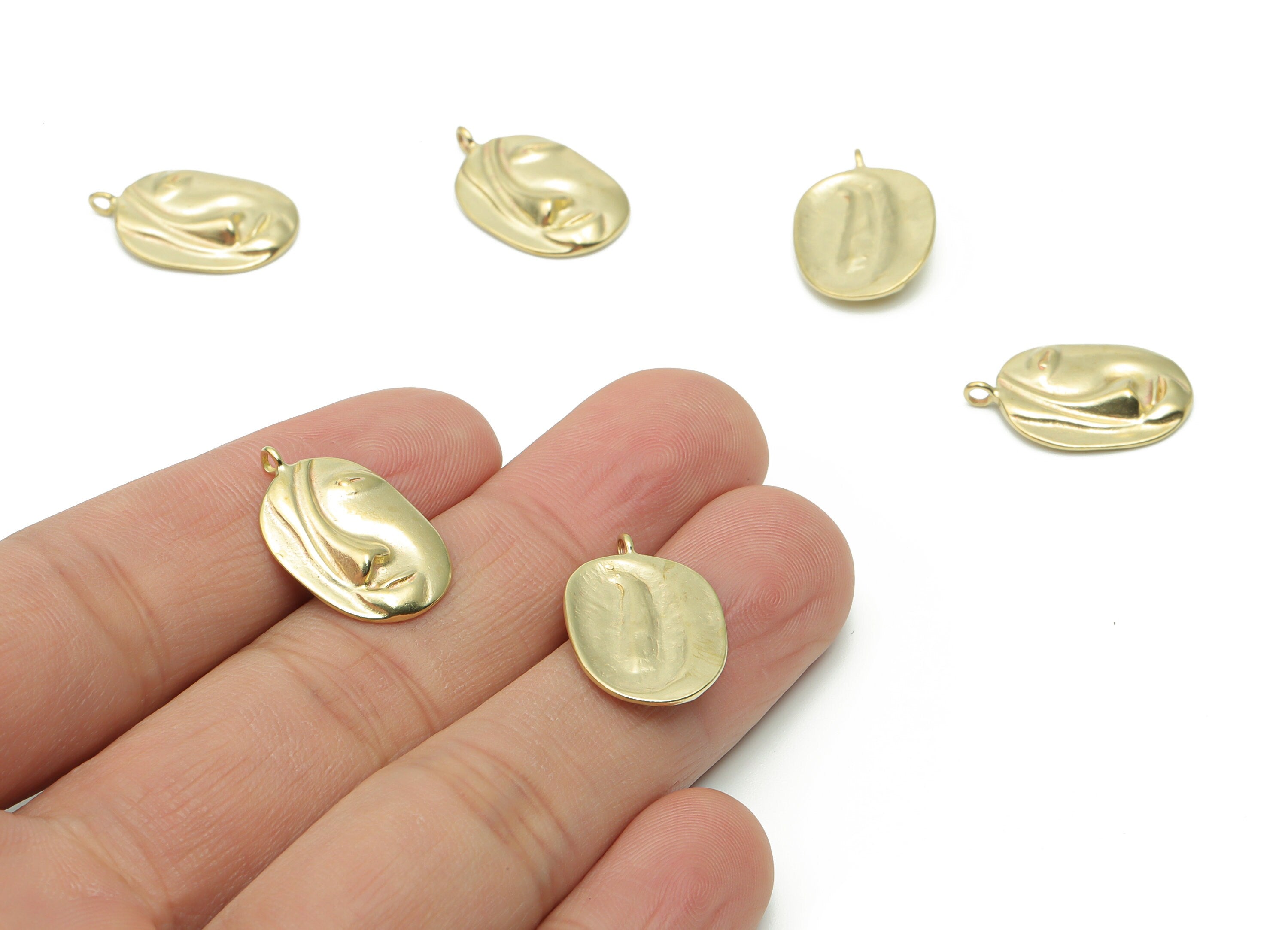 Brass Oval Face Hair Earring Charms - Raw Brass Oval Woman Face Pendant - DIY Jewelry Making Supplies - 20.54x13.45x1.92mm - PP5038 - DOMEDBAZAAR